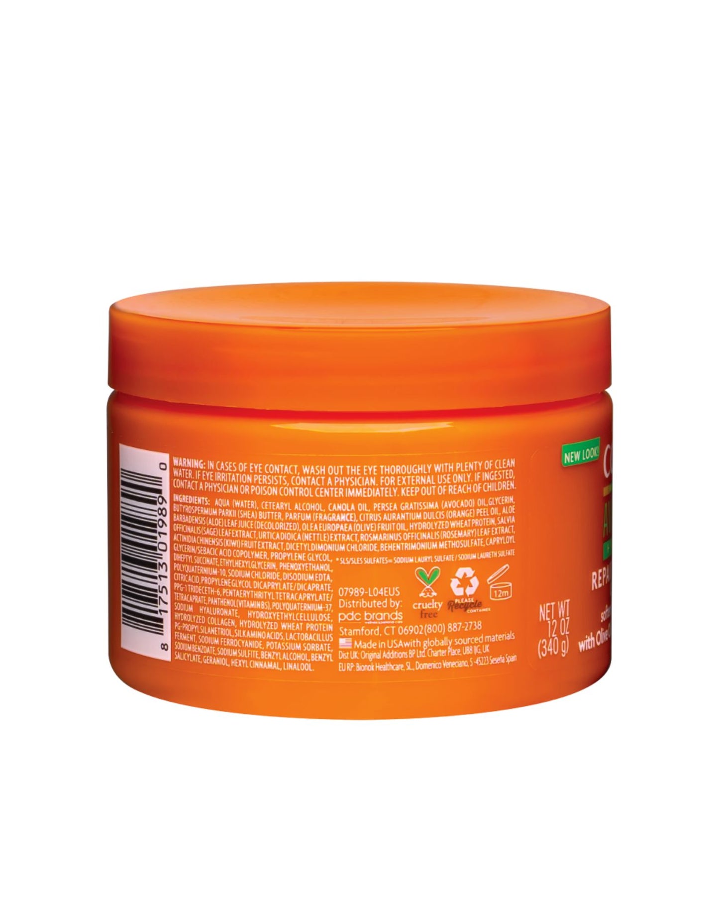 Full ingredient list for Cantu Avocado Hydrating Repair Leave-In Cream, including Shea Butter, Avocado Oil, and Aloe, along with safety warnings and cruelty-free certification logo.