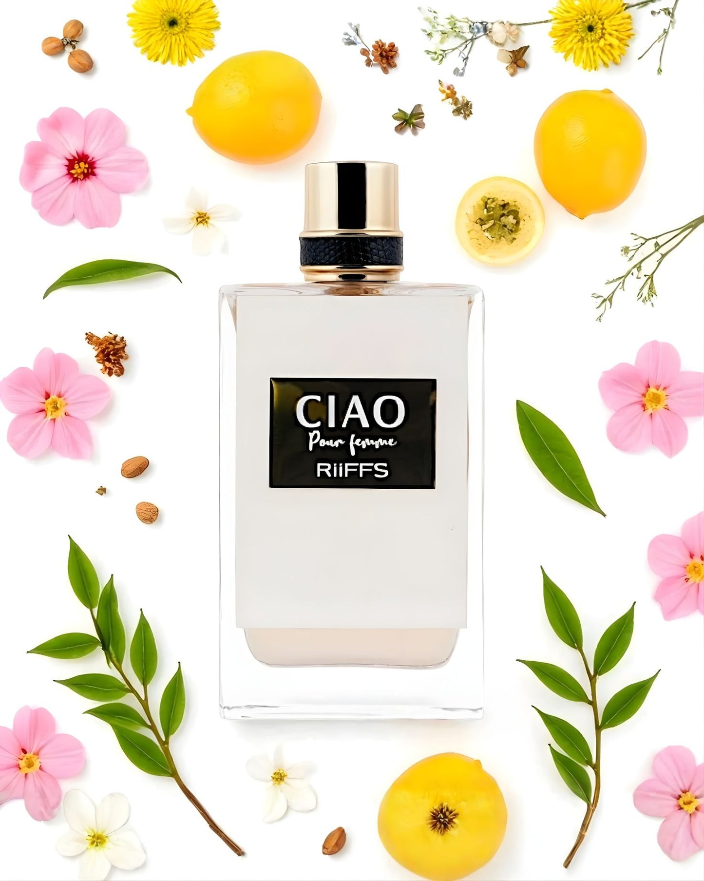 Top-down view of a Ciao Pour Femme EDP bottle surrounded by pink flowers, yellow citrus fruits, and green leaves on a white background.