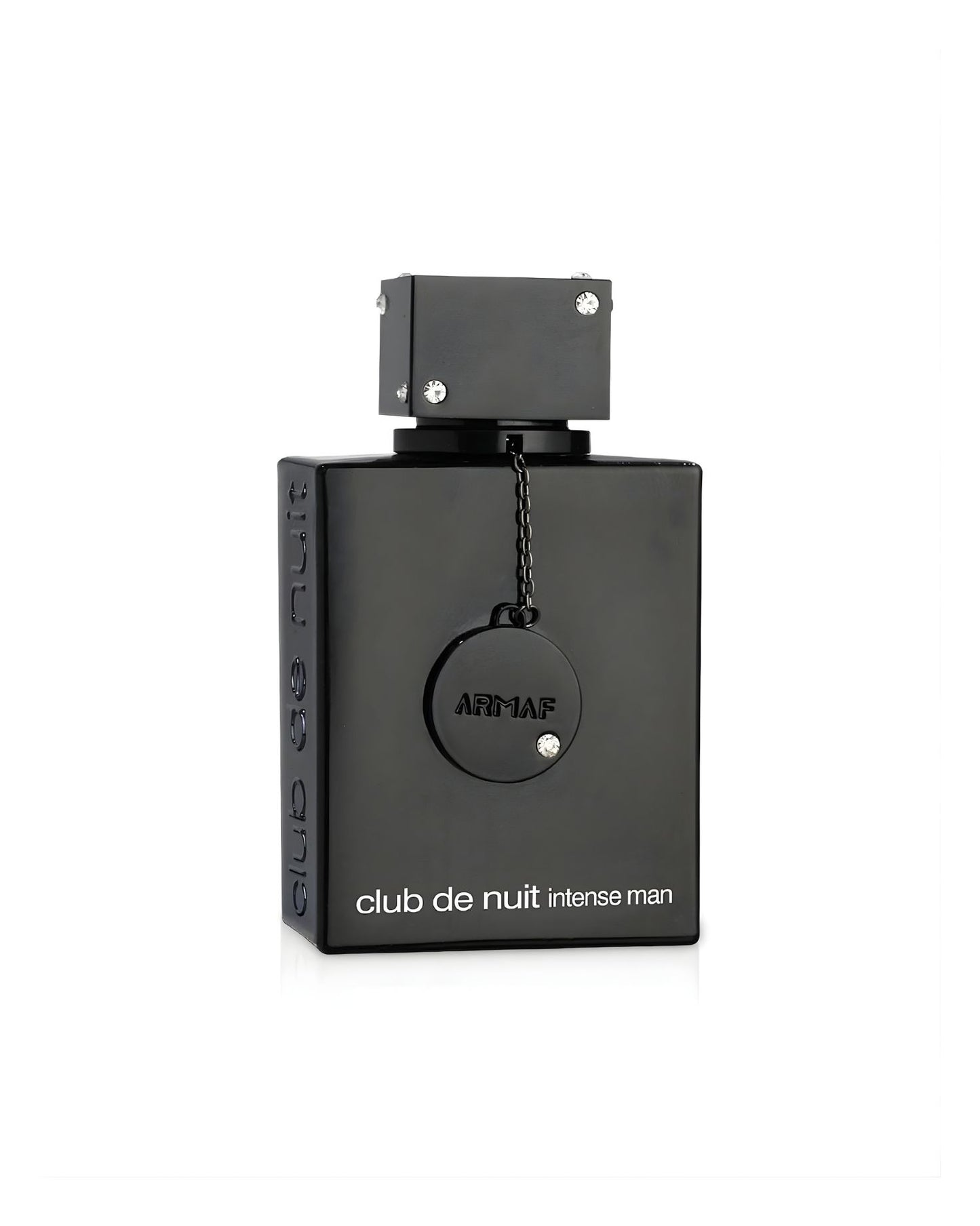 A sleek, rectangular, all-black Armaf Club de Nuit Intense Man perfume bottle, featuring a decorative round tag, and a square cap adorned with small clear jewel accents, isolated against a white background.