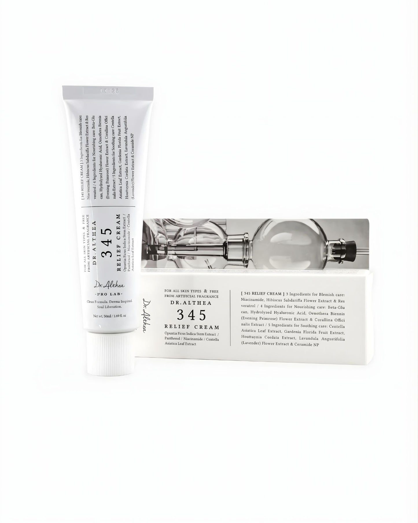 Dr. Althea 345 Relief Cream tube resting on its product box, showing the key ingredients for blemish care like Niacinamide, Centella Asiatica, and Ceramide NP.