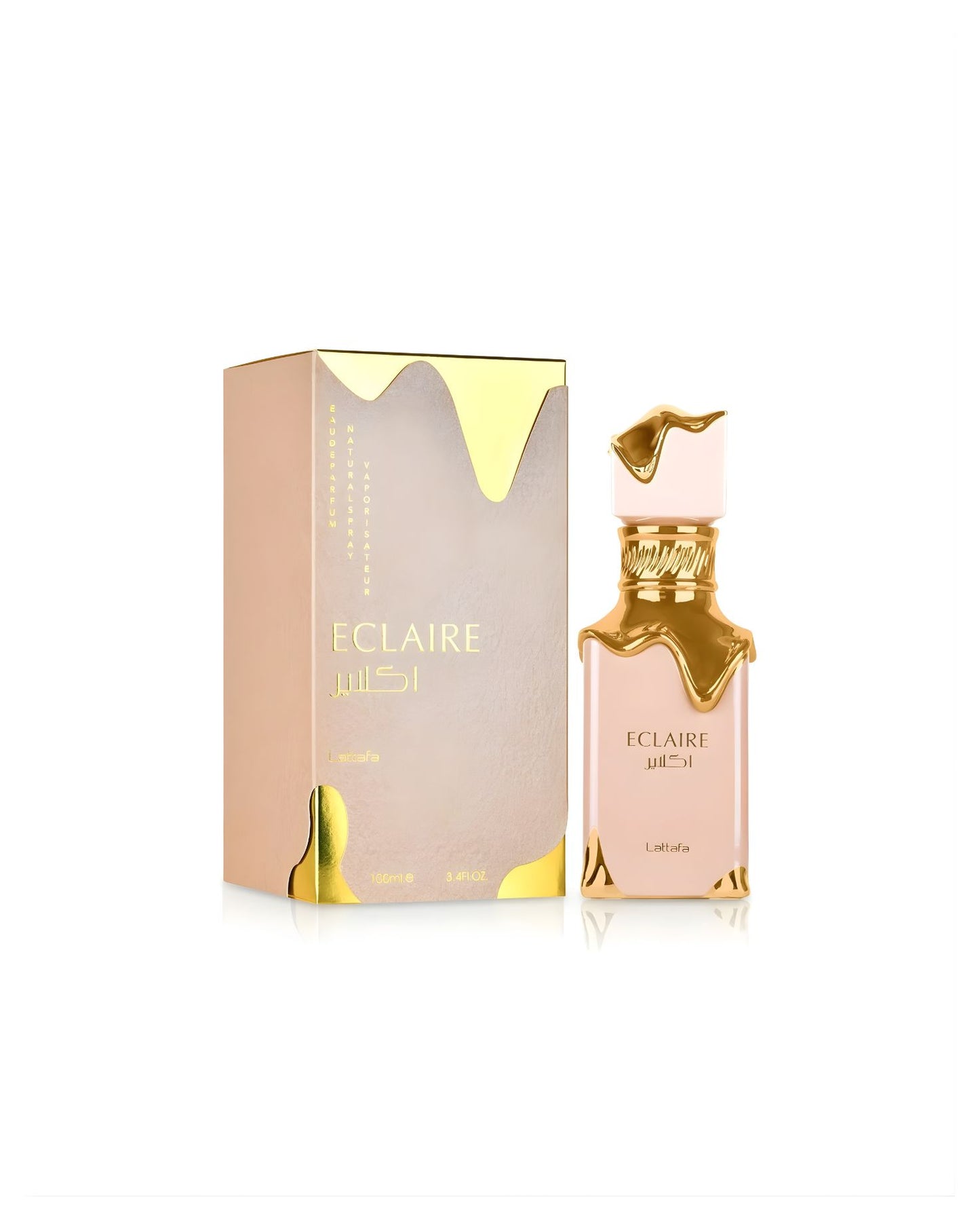 A pale pink rectangular Lattafa Eclaire perfume bottle featuring a highly stylized gold design that appears to be dripping or melting down from the neck and cap, set against a white background.