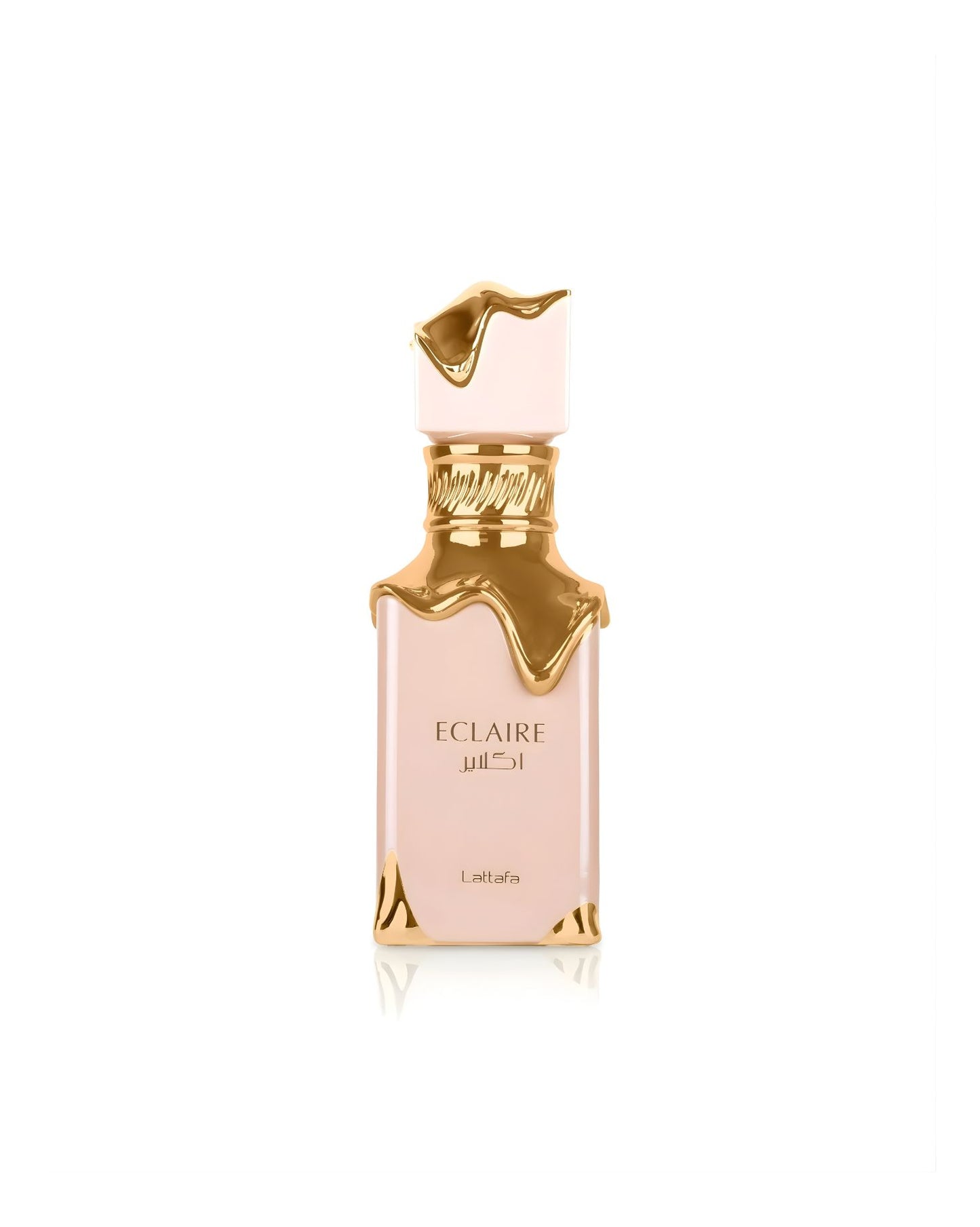 A pale pink rectangular Lattafa Eclaire perfume bottle featuring a highly stylized gold design that appears to be dripping or melting down from the neck and cap, set against a white background.