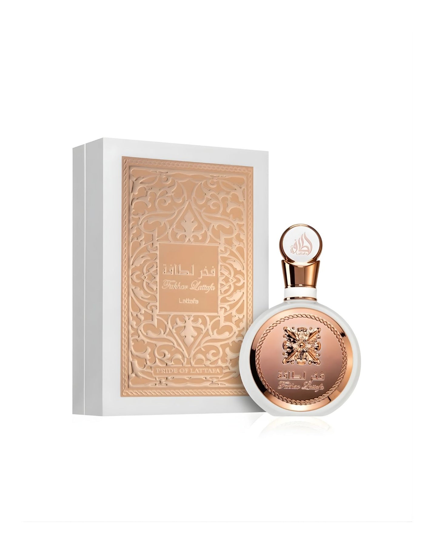 The Lattafa "Fakhar Lattafa" Eau de Parfum set, featuring the round white and rose gold bottle next to its tall white box, which has an embossed rose gold panel with intricate Arabian patterns.