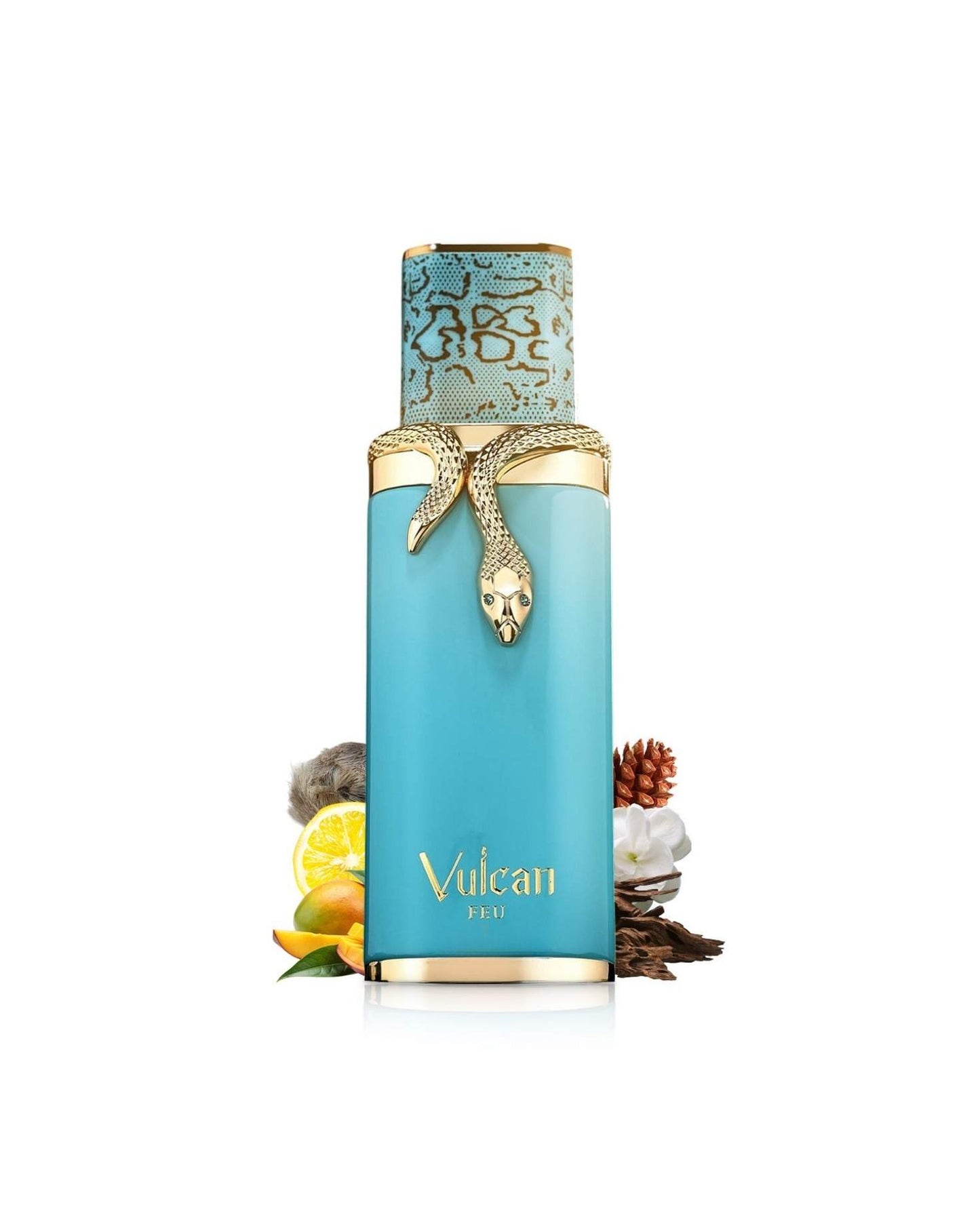 Vulcan Feu perfume bottle by French Avenue surrounded by illustrative scent notes including fresh lemon, sliced mango, pine cone, and vanilla beans.