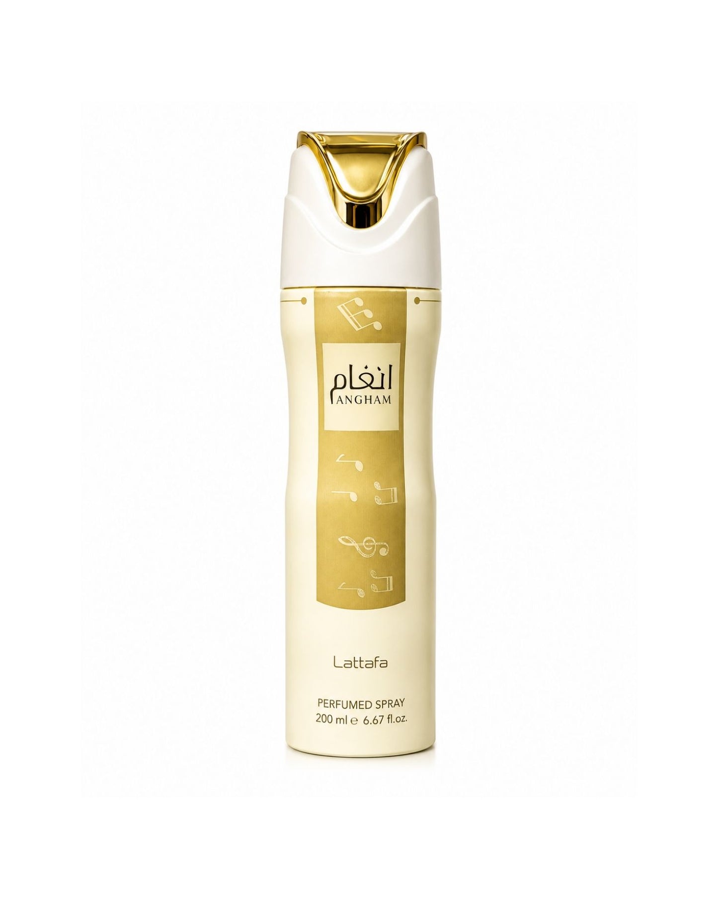 Lattafa Angham body spray 200ml canister with gold accents.