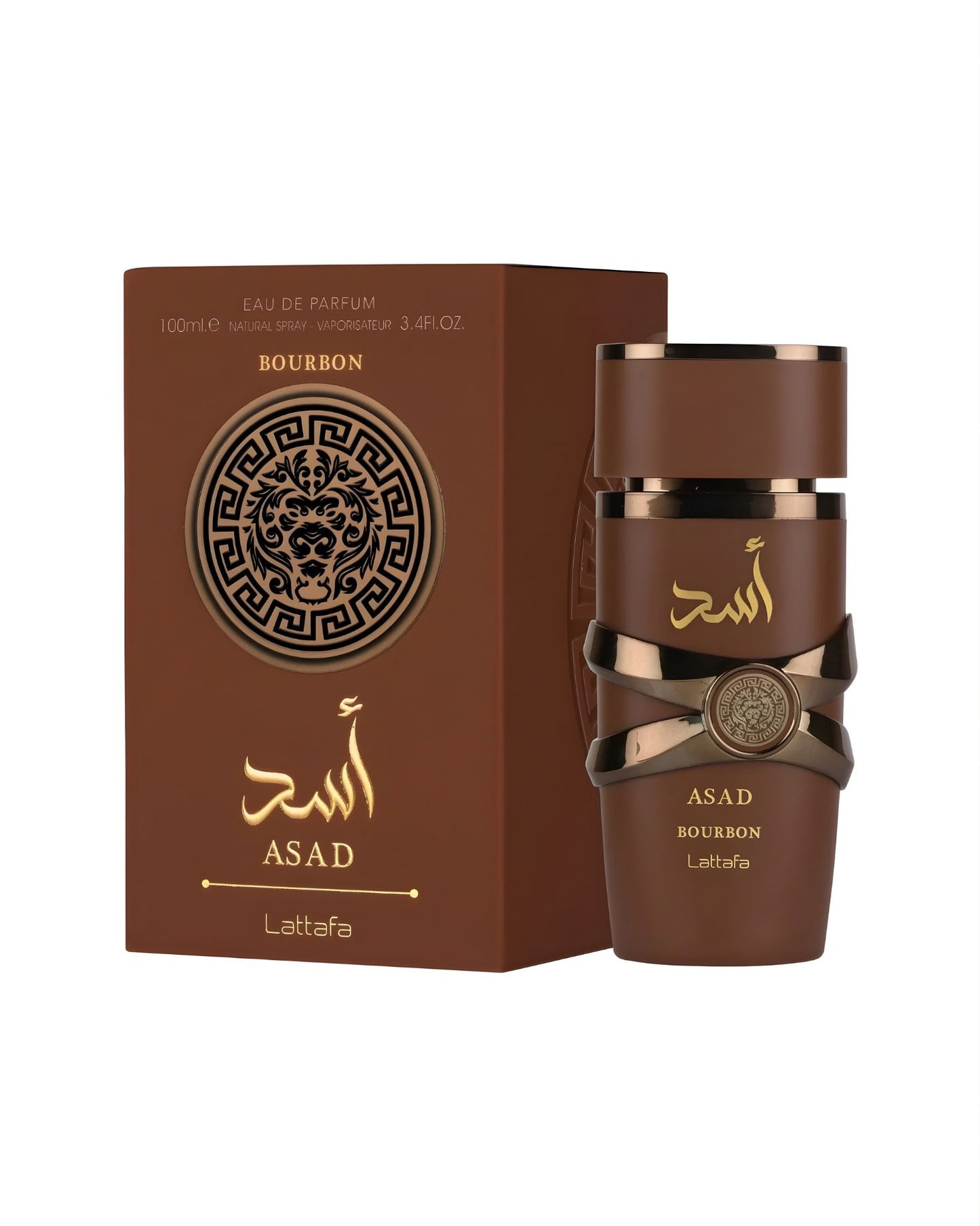 Lattafa Asad Bourbon perfume bottle with matching brown and gold box featuring lion emblem design on white background