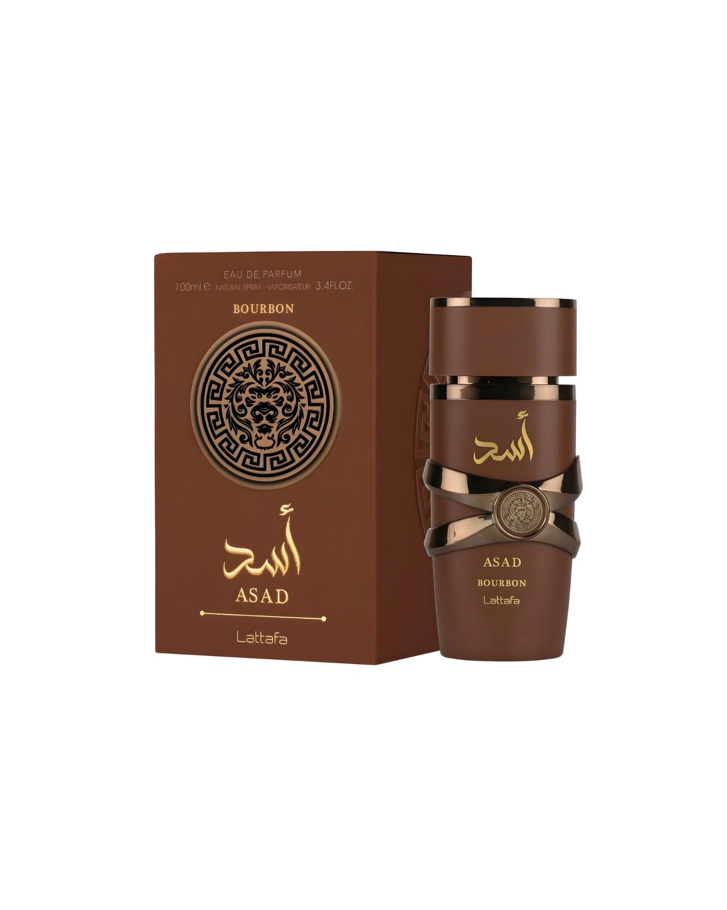 Lattafa Asad Bourbon perfume bottle with matching brown and gold box featuring lion emblem design on white background