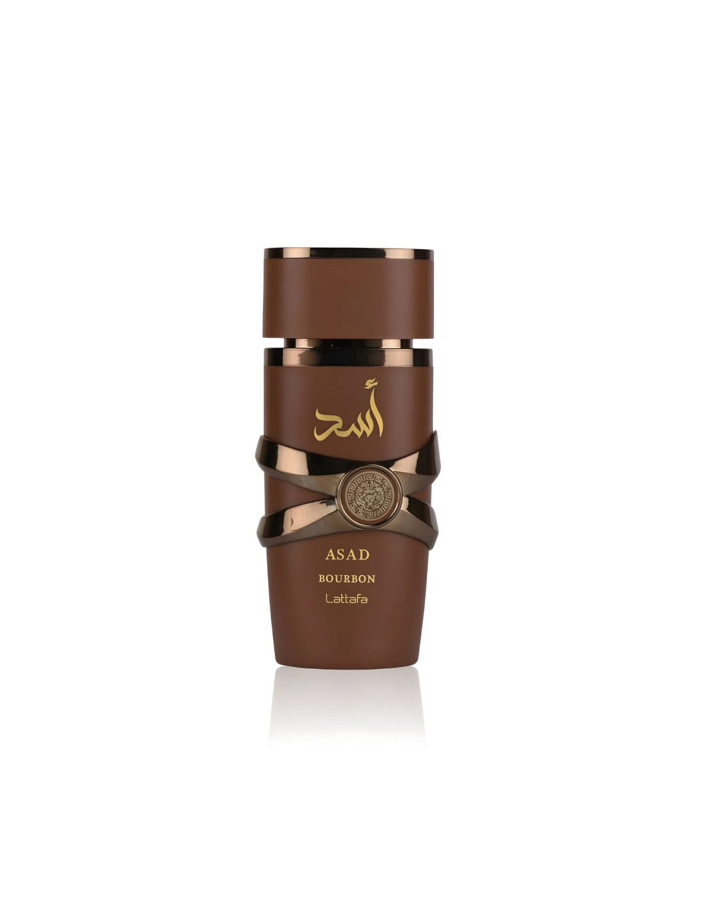 Lattafa Asad Bourbon perfume bottle in rich brown and gold design with elegant detailing on white background