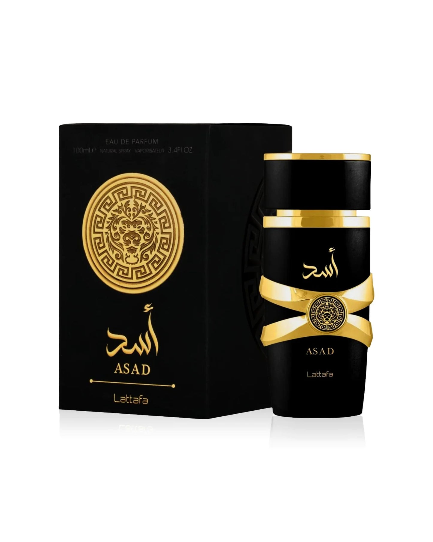 Lattafa Asad perfume bottle with matching black and gold box featuring lion emblem design on white background