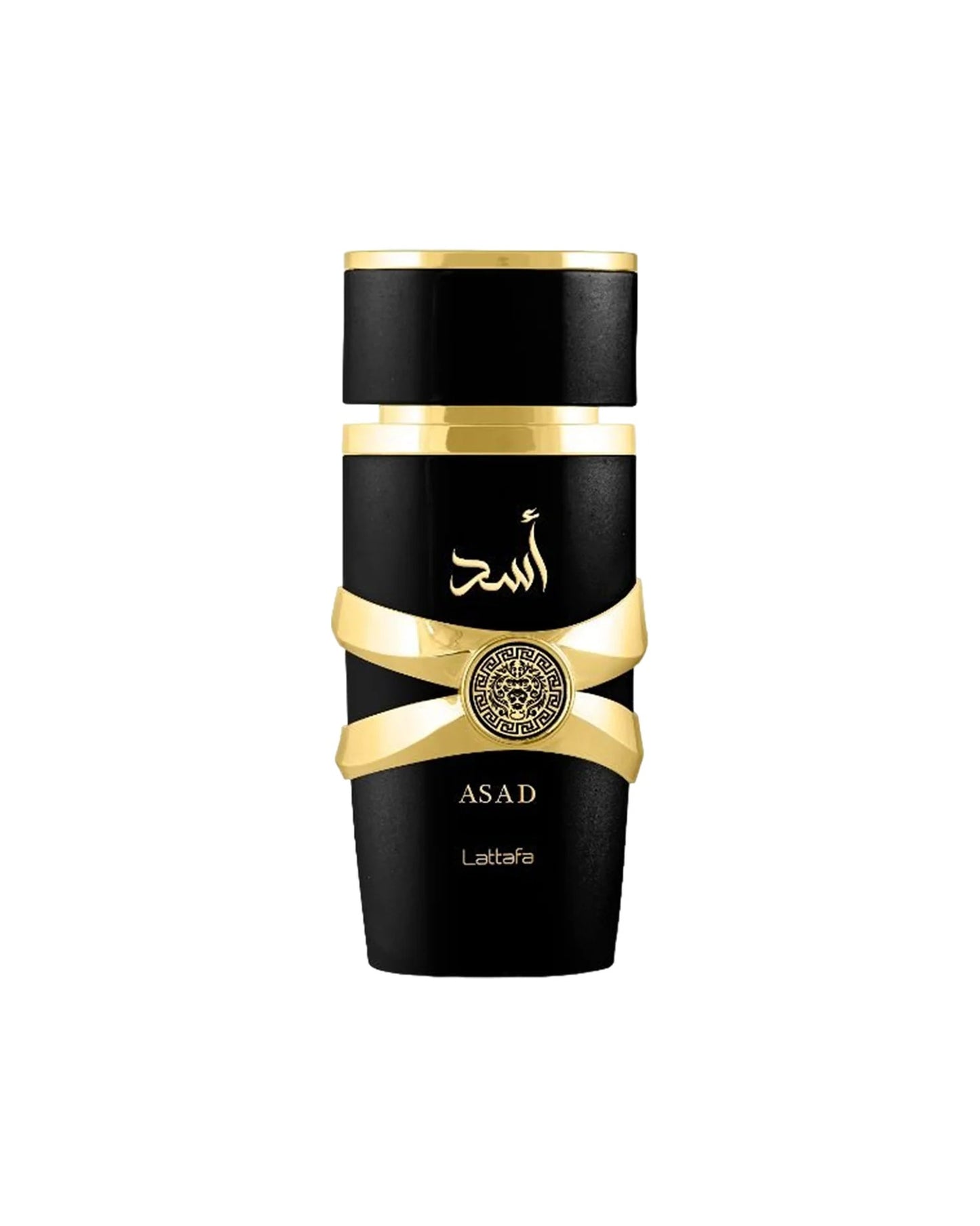 Lattafa Asad perfume bottle in elegant black and gold design with Arabic text and decorative emblem on white background