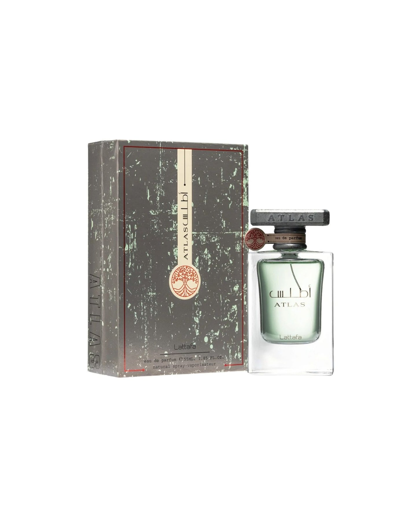 Lattafa Atlas perfume bottle with matching elegant grey and green box featuring tree emblem design on white background