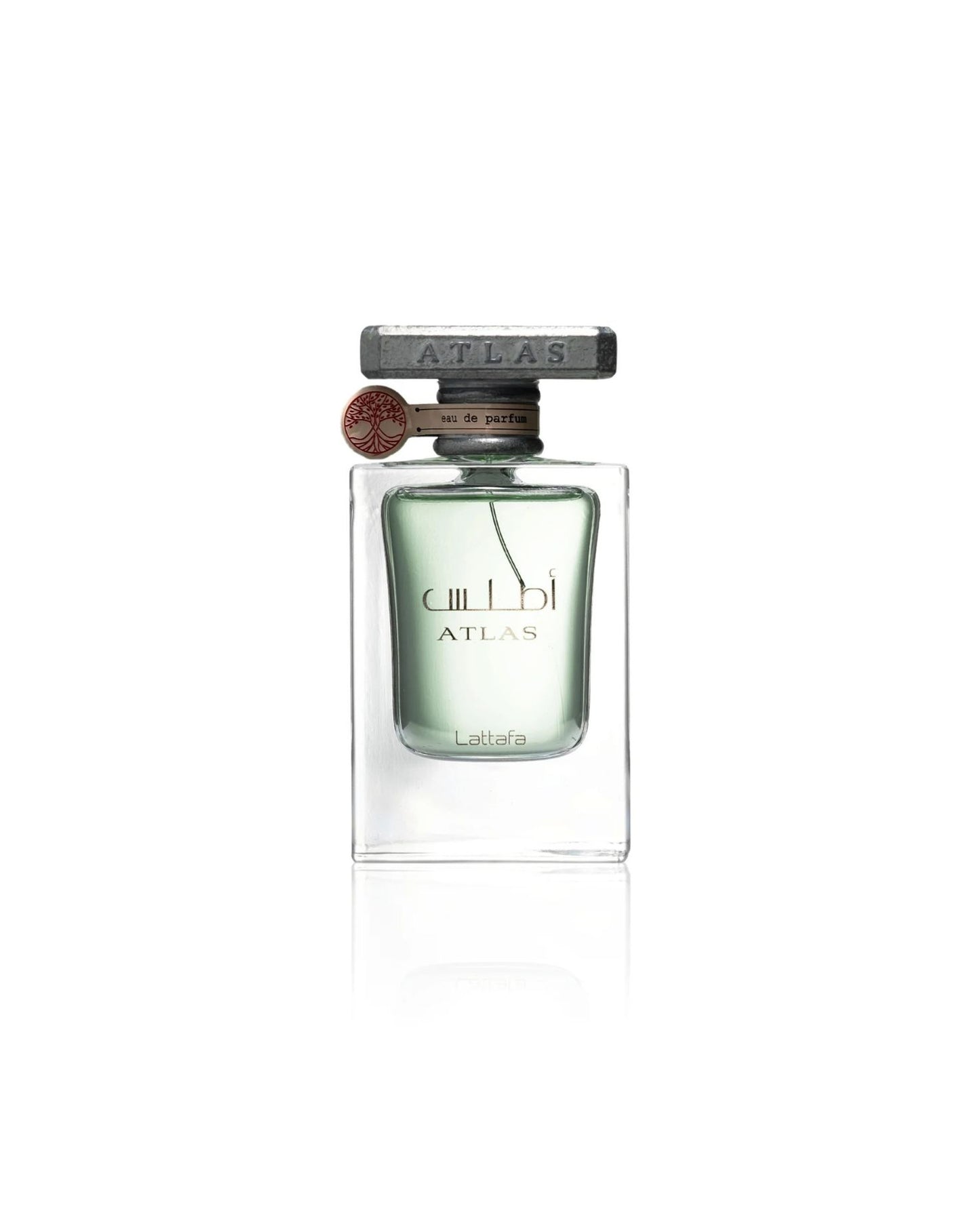 Lattafa Atlas perfume bottle in luxurious black and gold design with elegant detailing on white background