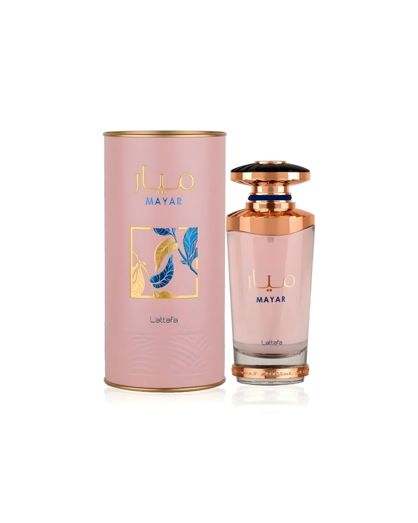 Lattafa Mayar perfume bottle with matching pink and gold cylindrical box featuring blue and gold leaf design on white background