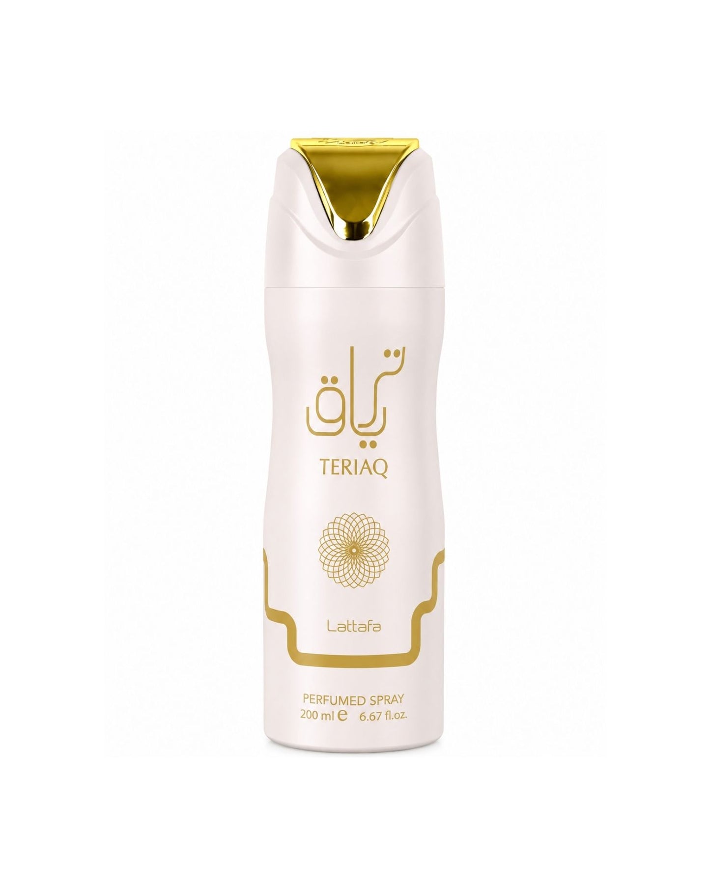 Lattafa Teriaq 200ml perfumed body spray with gold logo and white packaging.