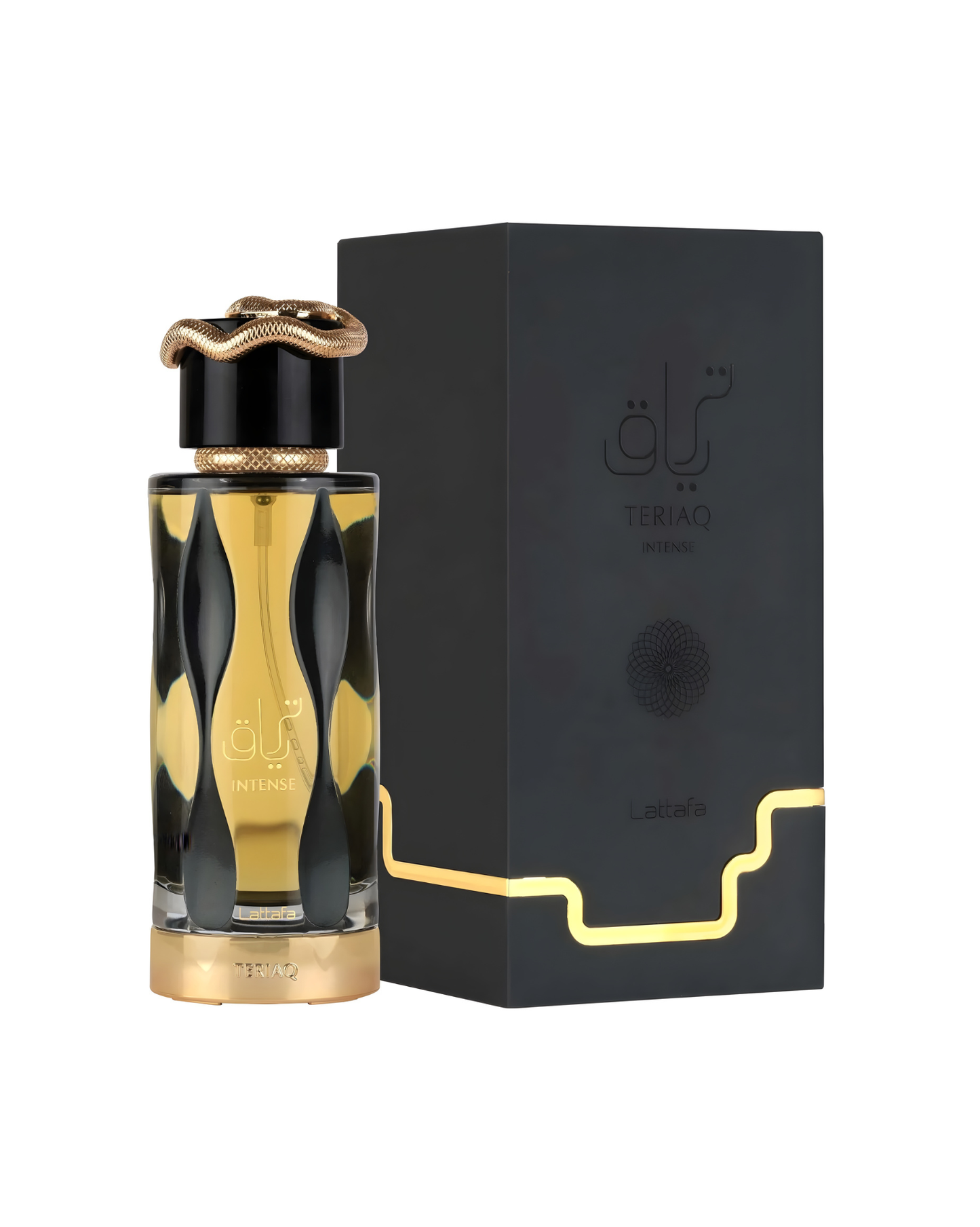 Lattafa Teriq Intense perfume bottle with elegant black and gold packaging and decorative gold snake cap on white background