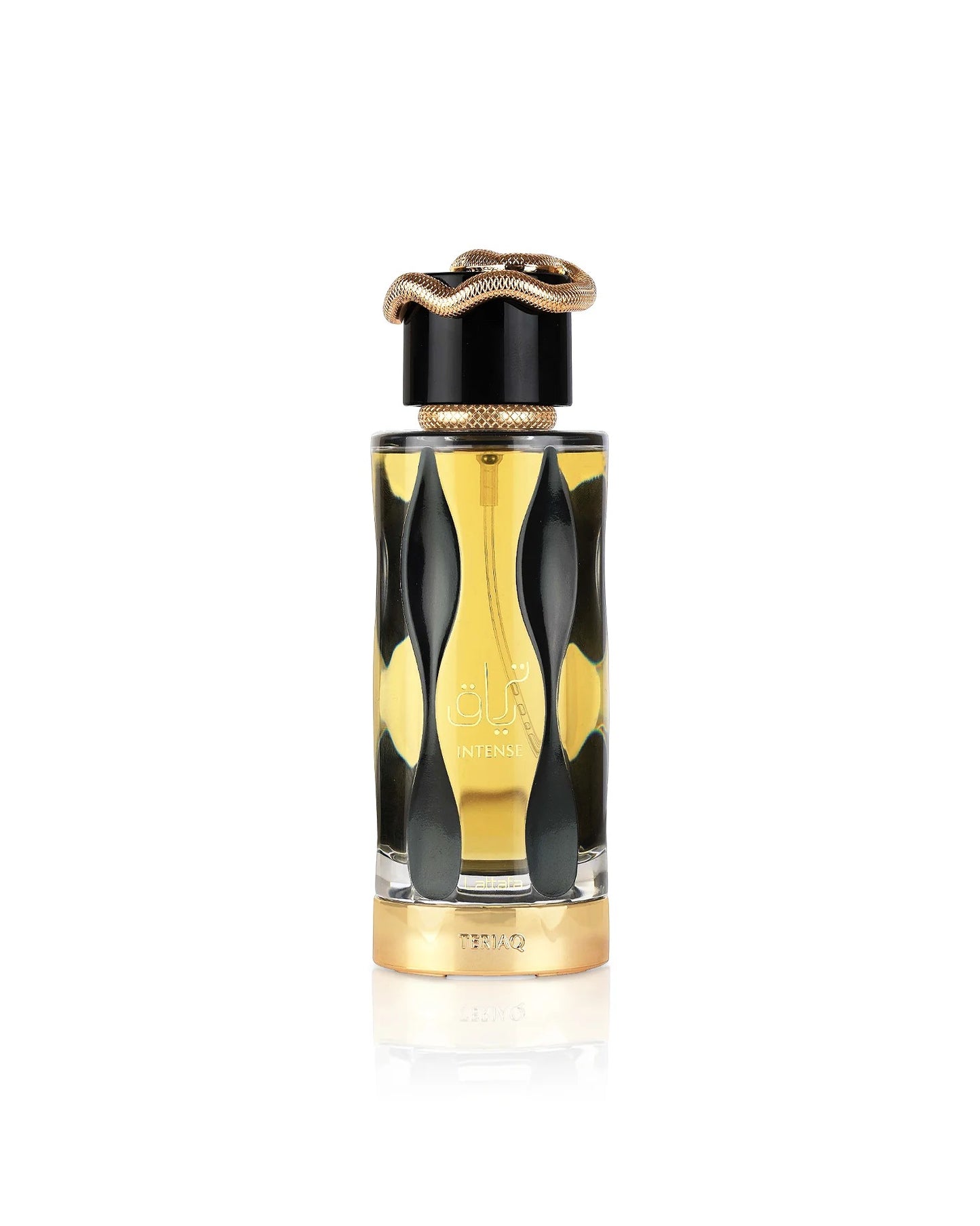 Lattafa Teriq Intense perfume bottle with gold snake cap and elegant black and gold design on white background