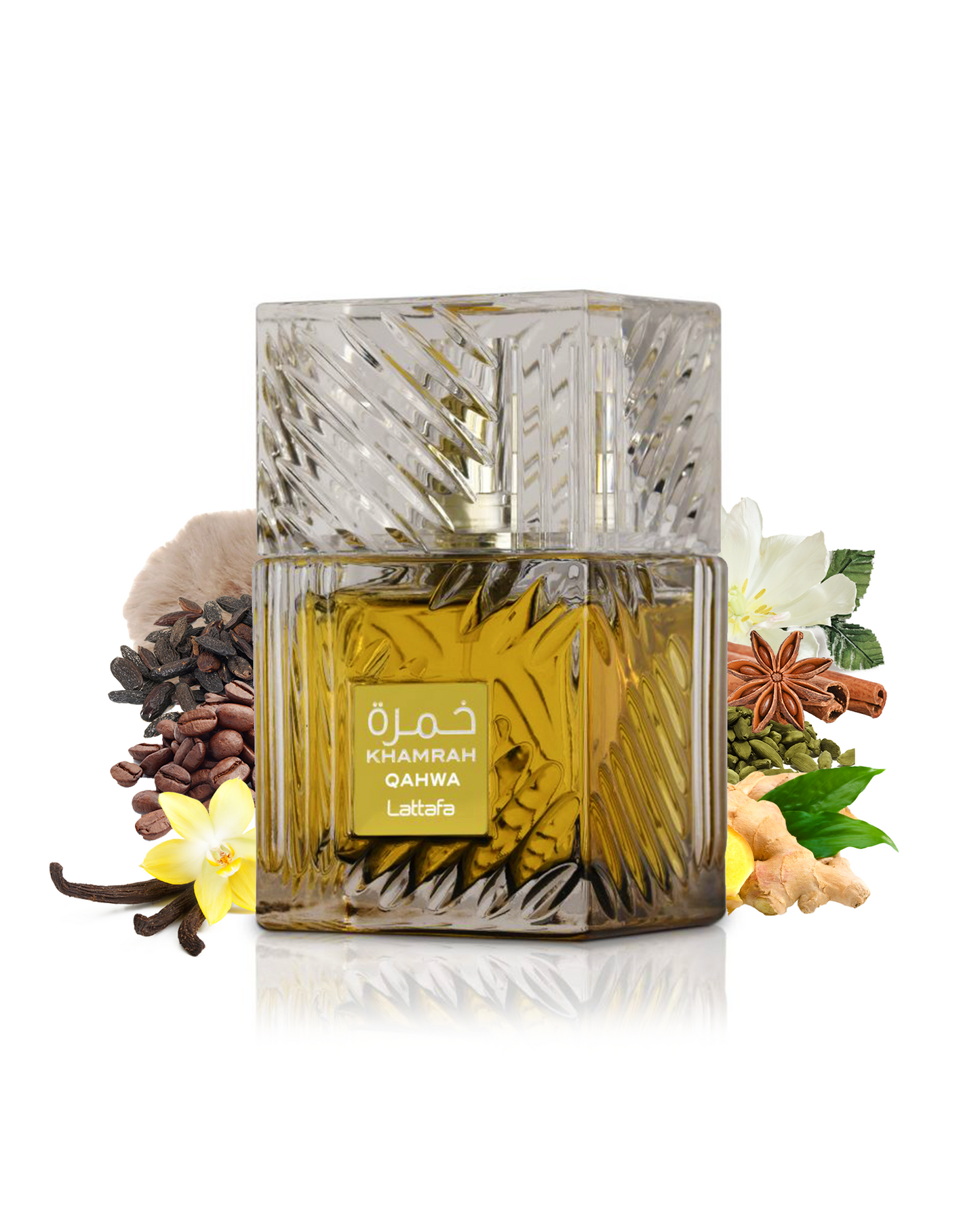 lattafa Khamrah Qahwa perfume bottle showcased amidst its ingrdients of vanila, arabian coffe and tonka beans