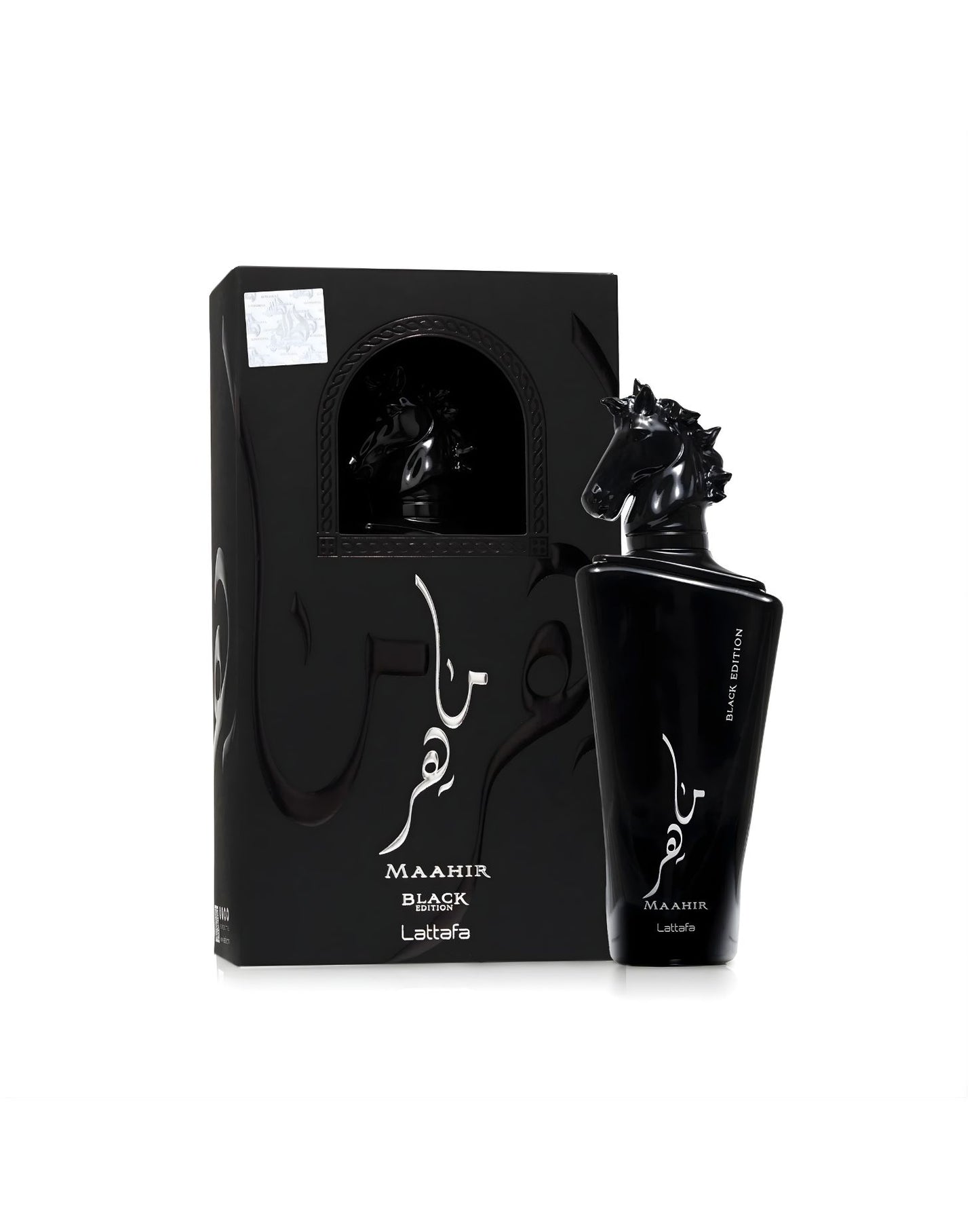 Product shot of Lattafa's "Maahir Black Edition" Eau de Parfum, showing the sleek black bottle with a black, sculpted horse head cap next to its matching black box with embossed details.