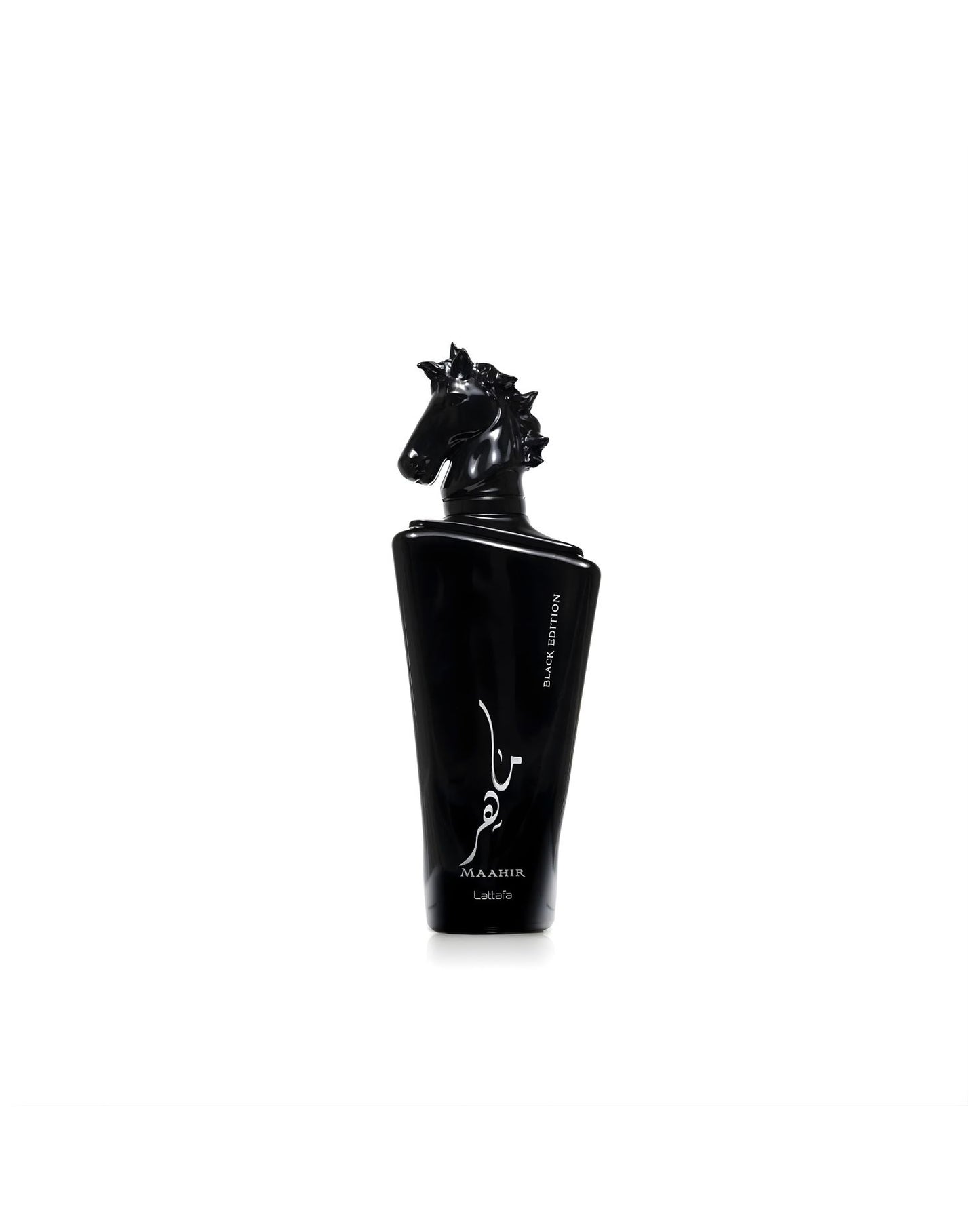 A close-up product shot of the black Lattafa "Maahir Black Edition" perfume bottle, featuring a sculptural, all-black horse's head as the cap, isolated against a white background.