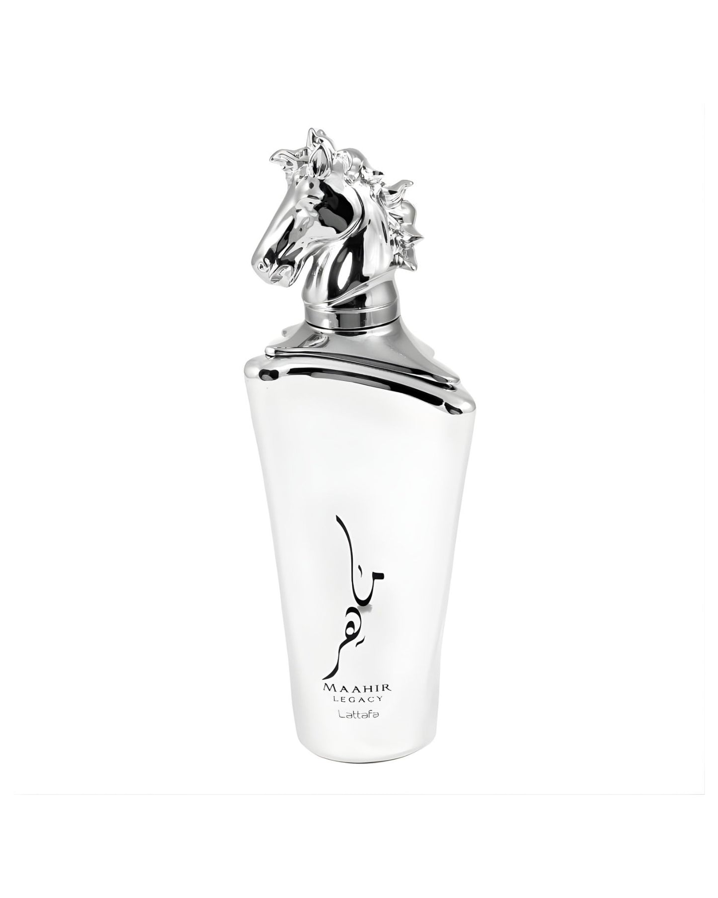 A sleek white perfume bottle labeled "Maahir Legacy Lattafa" featuring an elegant silver horse head cap against a white background