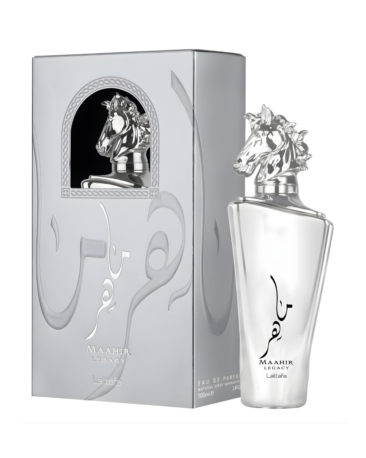 Product shot of Lattafa's "Maahir Legacy" Eau de Parfum, showing the silver bottle with a horse head cap next to its matching silver embossed box.