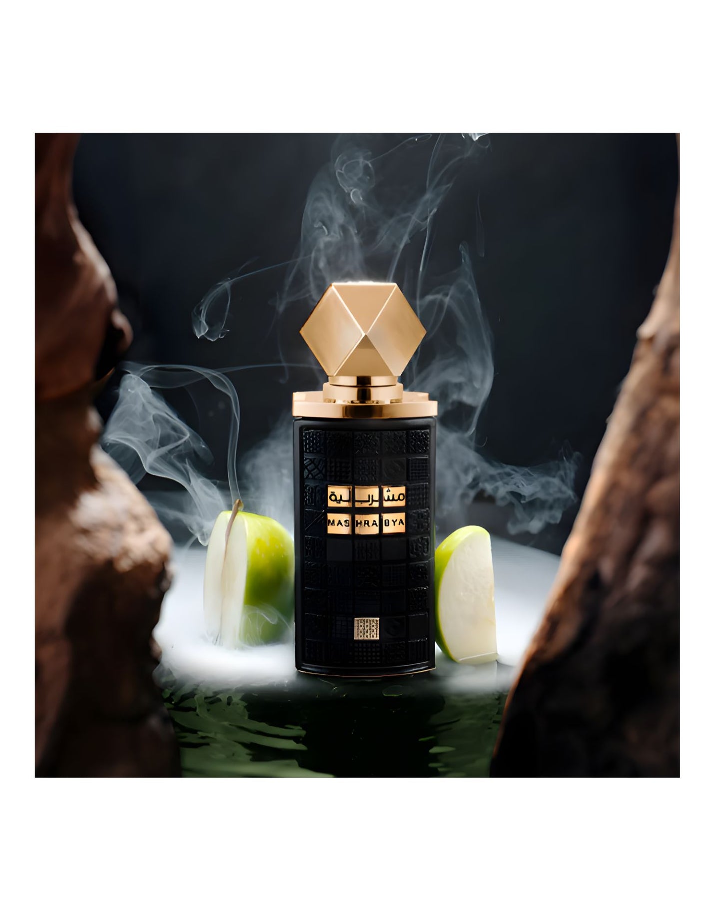 Dramatic product photo of the textured black Mashrabya bottle with a gold cap, framed by natural wood and sliced green apples, giving a fresh, earthy, and mysterious feel.