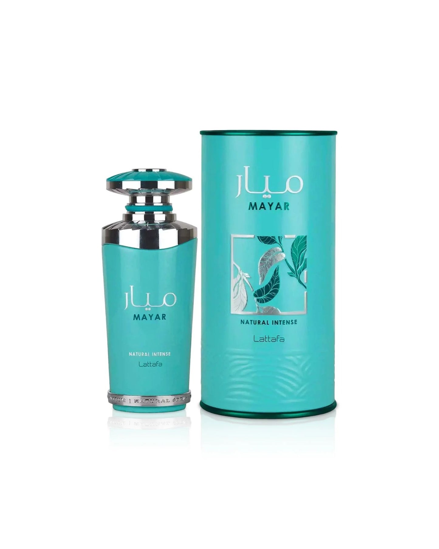 The Lattafa Mayar "Natural Intense" perfume set, featuring a turquoise bottle with a silver cap next to its matching cylindrical turquoise box, which is decorated with green leaves.