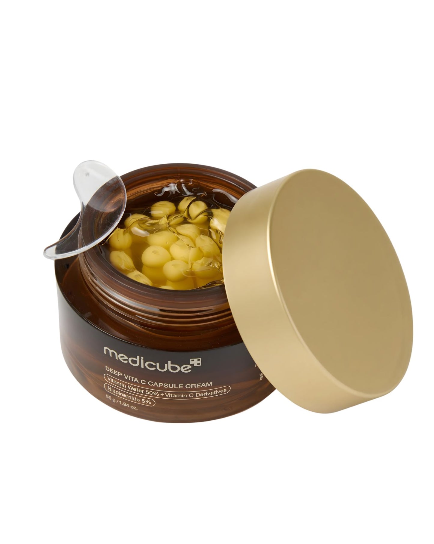 The open Medicube Deep Vita C Capsule Cream, highlighting the encapsulated Vitamin C Derivatives and Niacinamide 5% in the Vitamin Water 50% base.
