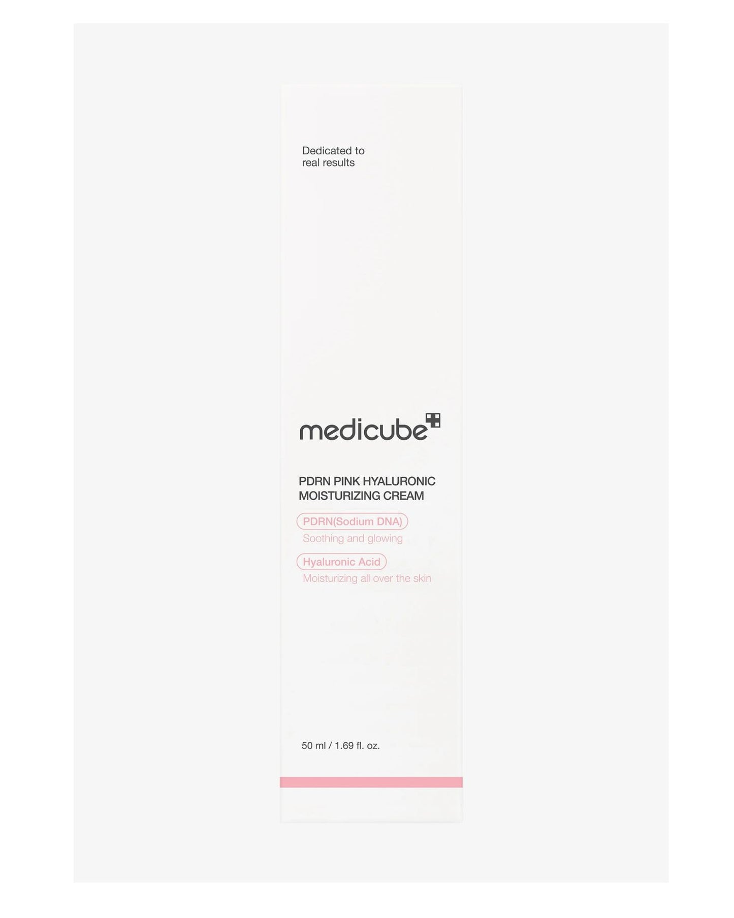 Image of the Medicube PDRN Pink Hyaluronic Moisturizing Cream tube next to a list of its key features: PDRN (Sodium DNA) for soothing and glowing, and Hyaluronic Acid for moisturizing all over the skin.