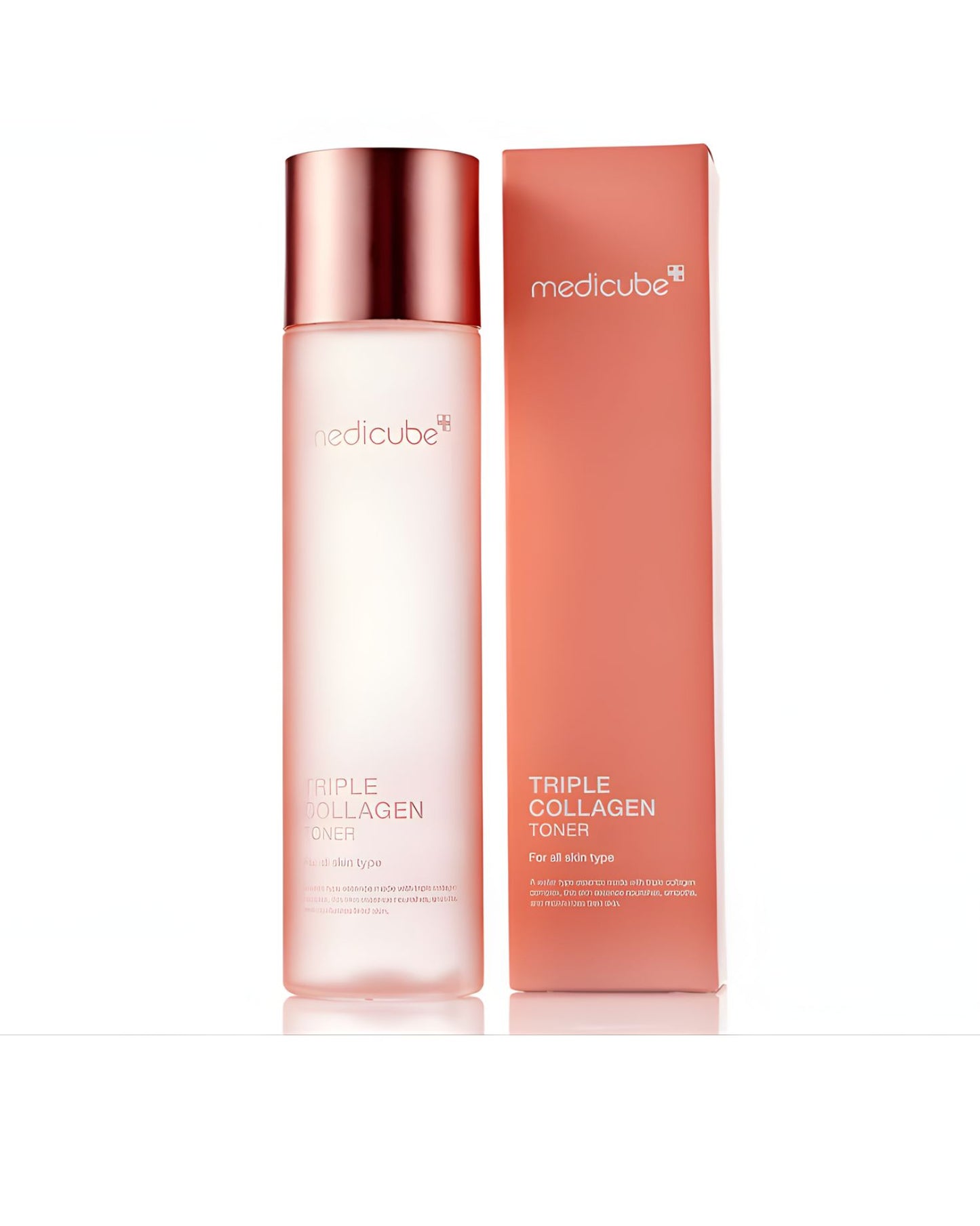 The Medicube Triple Collagen Toner bottle and its matching pink box standing side-by-side. The toner is for all skin types, and the bottle has a rose-gold cap.