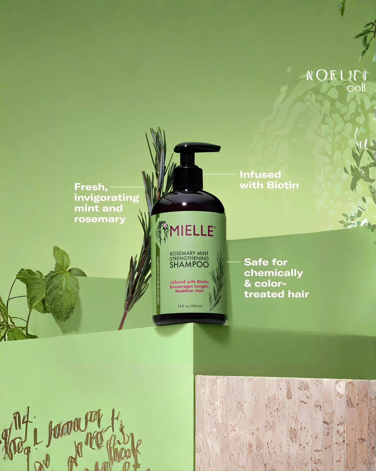 The Mielle Rosemary Mint Strengthening Shampoo bottle with a black pump dispenser is prominently displayed on a green tiered surface. It is flanked by a sprig of rosemary and mint leaves, with text highlights emphasizing its key features: 'Fresh, invigorating mint and rosemary,' 'Infused with Biotin,' and 'Safe for chemically & color-treated hair,' against a bright green background.