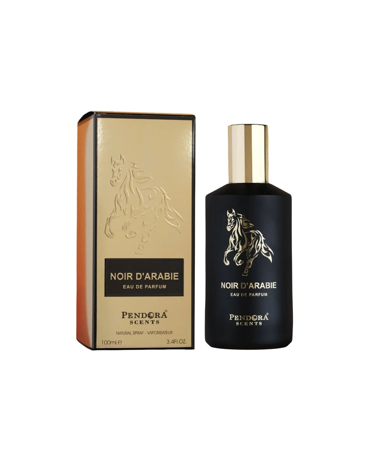A black perfume bottle with a gold cap labeled "Noir D'Arabie Eau de Parfum" by Pendora Scents, placed beside its matching gold and black packaging box featuring a horse design.