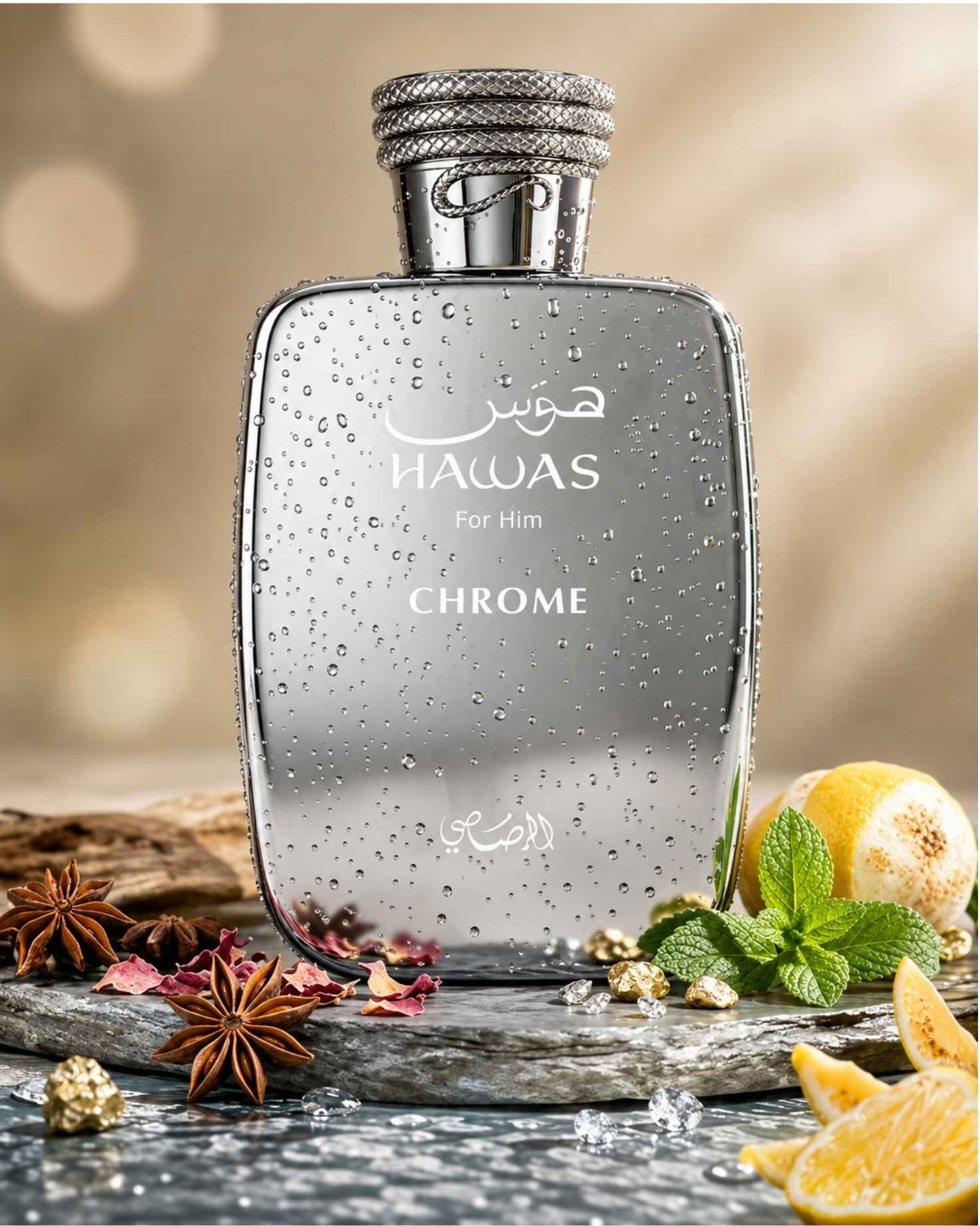 Rasasi Hawas For Him Chrome perfume bottle with water droplets, surrounded by fresh mint, lemons, and star anise.