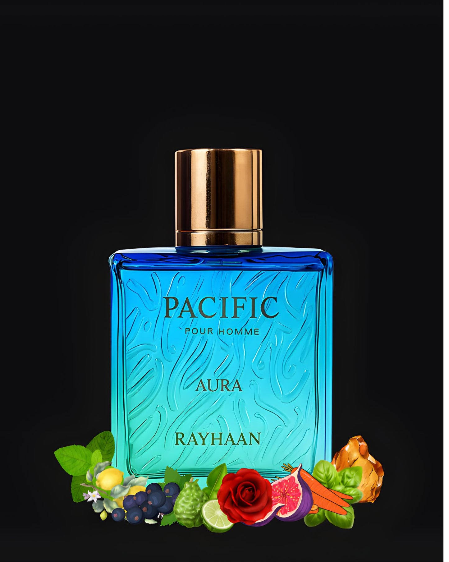 Rayhaan Pacific Aura Pour Homme perfume bottle surrounded by its core fragrance notes, including citrus, mint, berries, fig, rose, amber, and various fruits and herbs, on a black background.