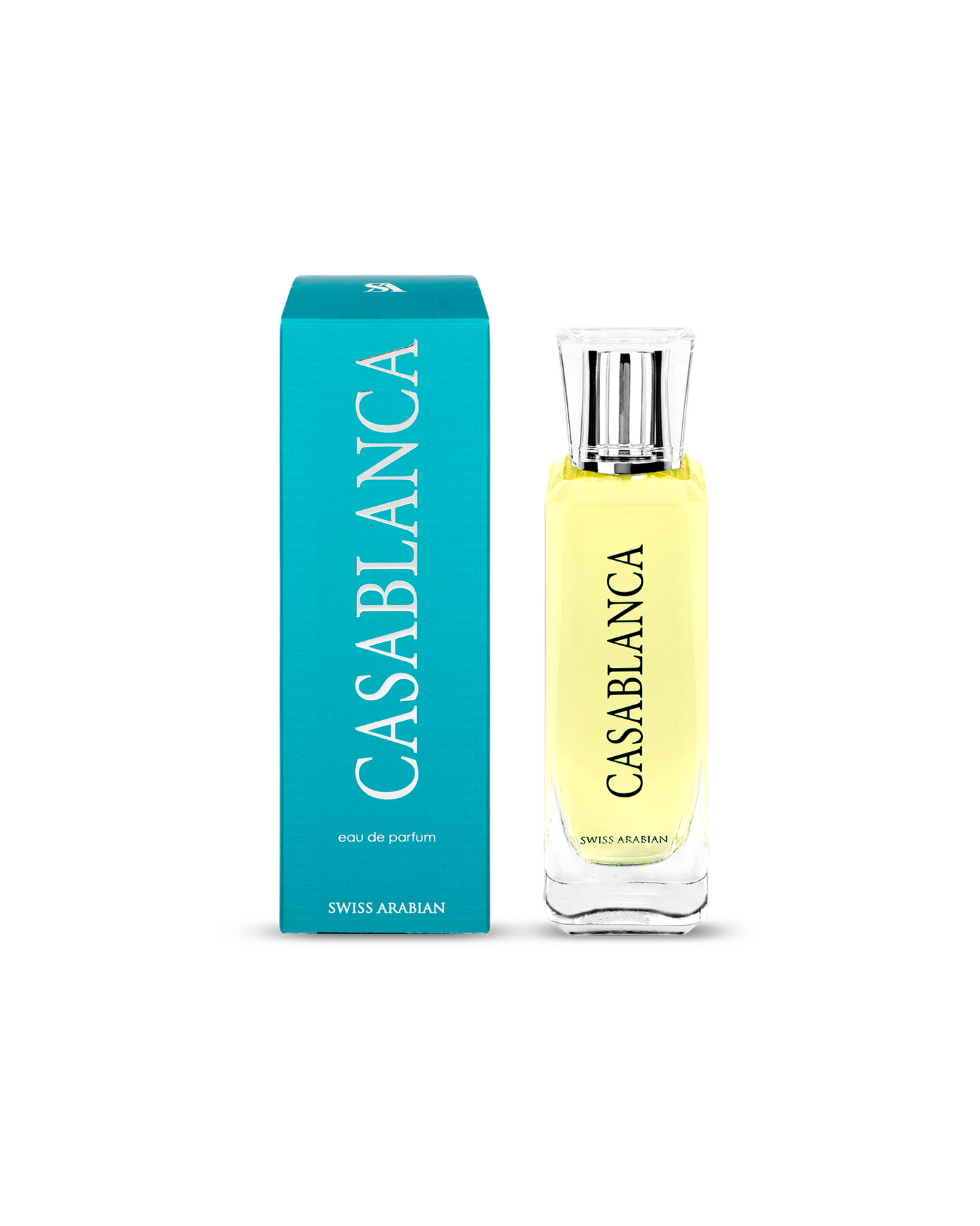 swiss arabian casablanca perfume bottle and box against white background