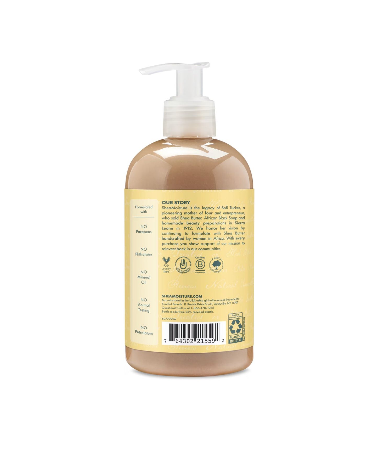 Shea Moisture product label featuring the Sofi Tucker brand story, cruelty-free and B-Corp certifications, and a list of 'No' ingredients including No Parabens, Phthalates, or Mineral Oil.
