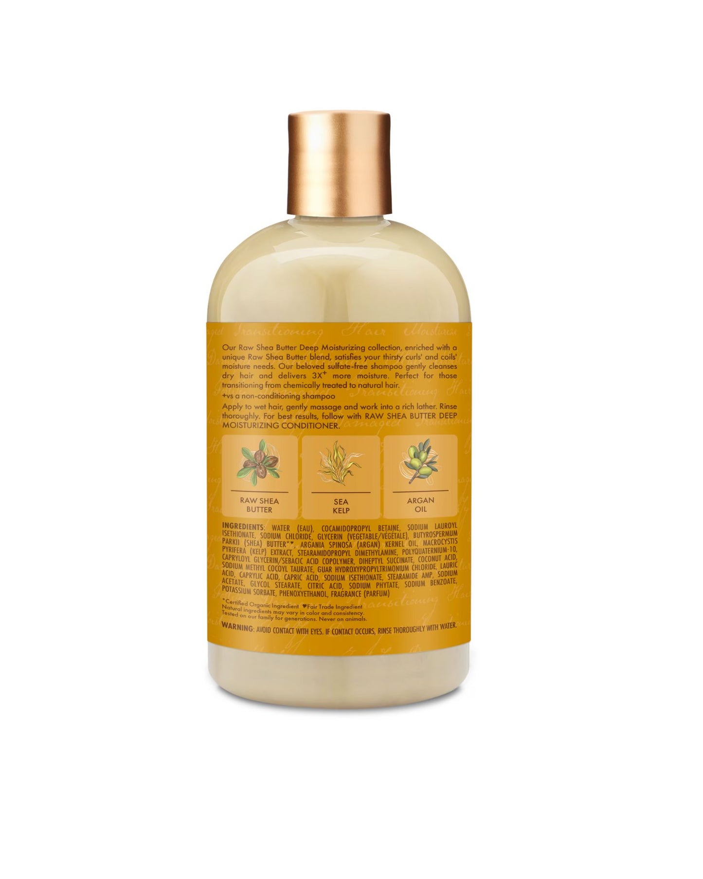 Back label of Shea Moisture Raw Shea Butter Deep Moisturizing Shampoo showing a full ingredients list, usage instructions, and key ingredients: Raw Shea Butter, Sea Kelp, and Argan Oil.