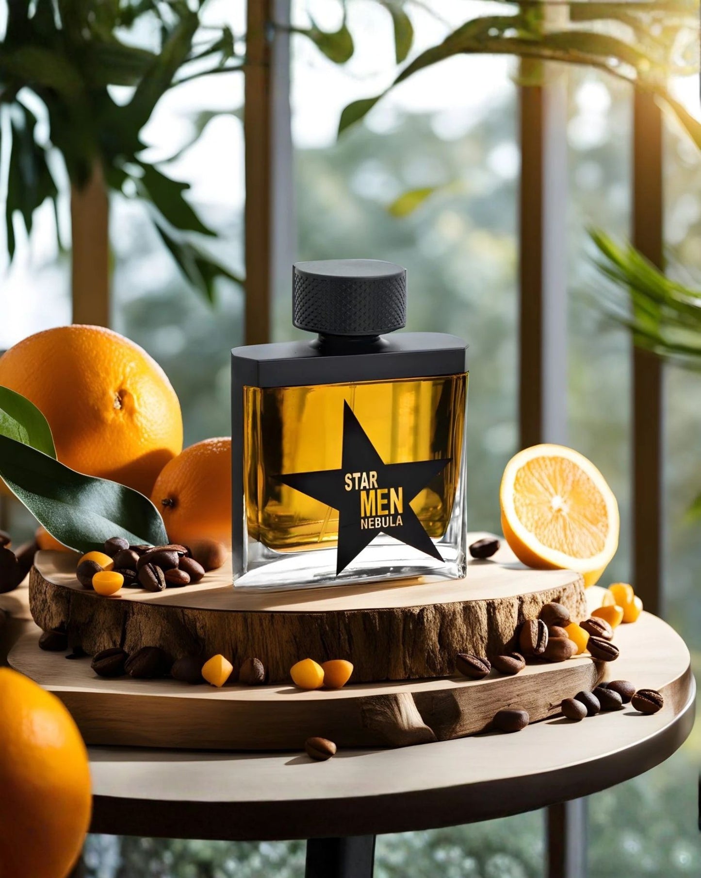 Lifestyle shot of Star Men Nebula EDP fragrance displayed on a wooden slice, surrounded by fresh oranges and coffee beans to represent its warm, citrus and spicy scent profile.