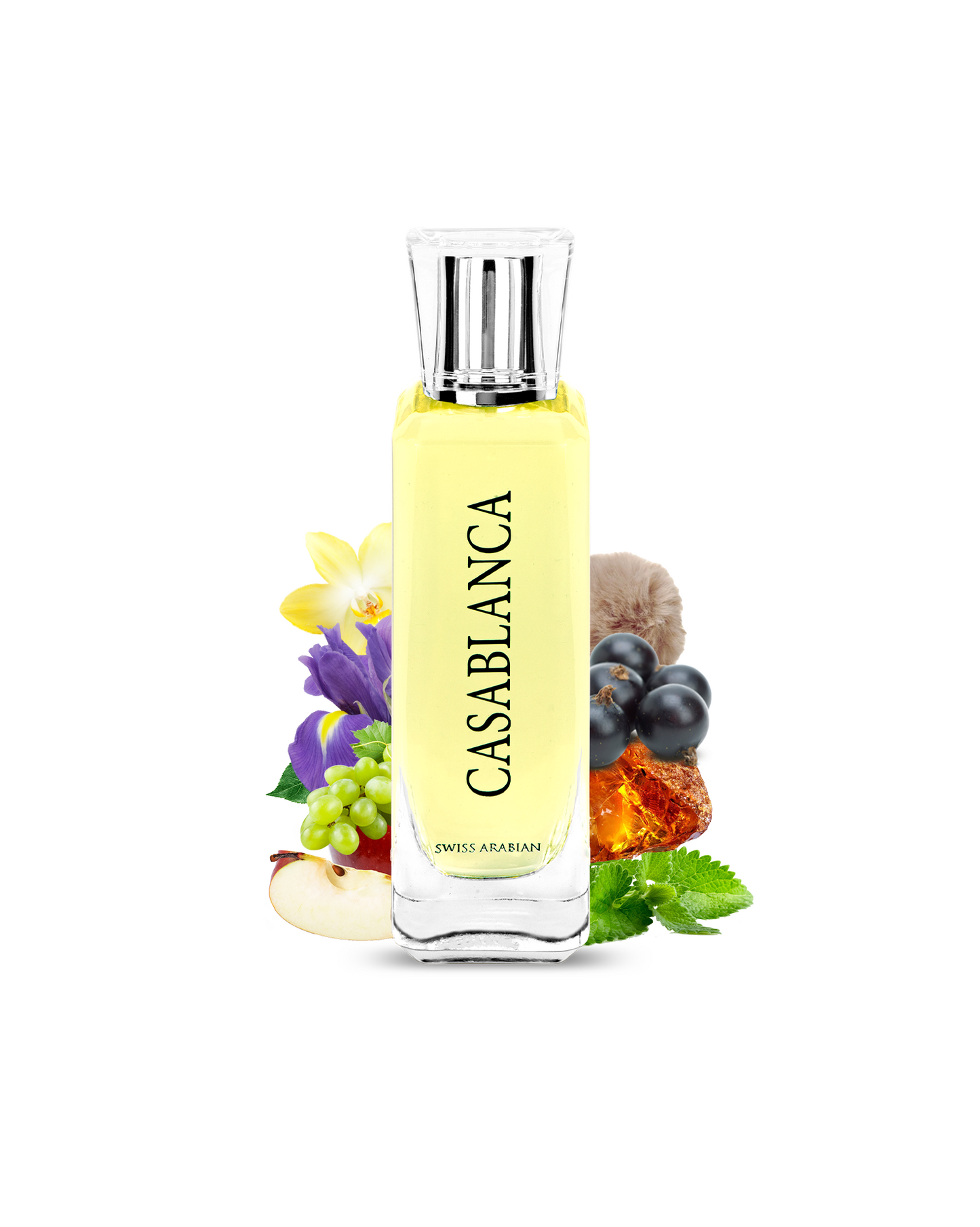 swiss arabian casablanca perfume bottle showcased amidst its ingrdients of vanilla amber mela iris
