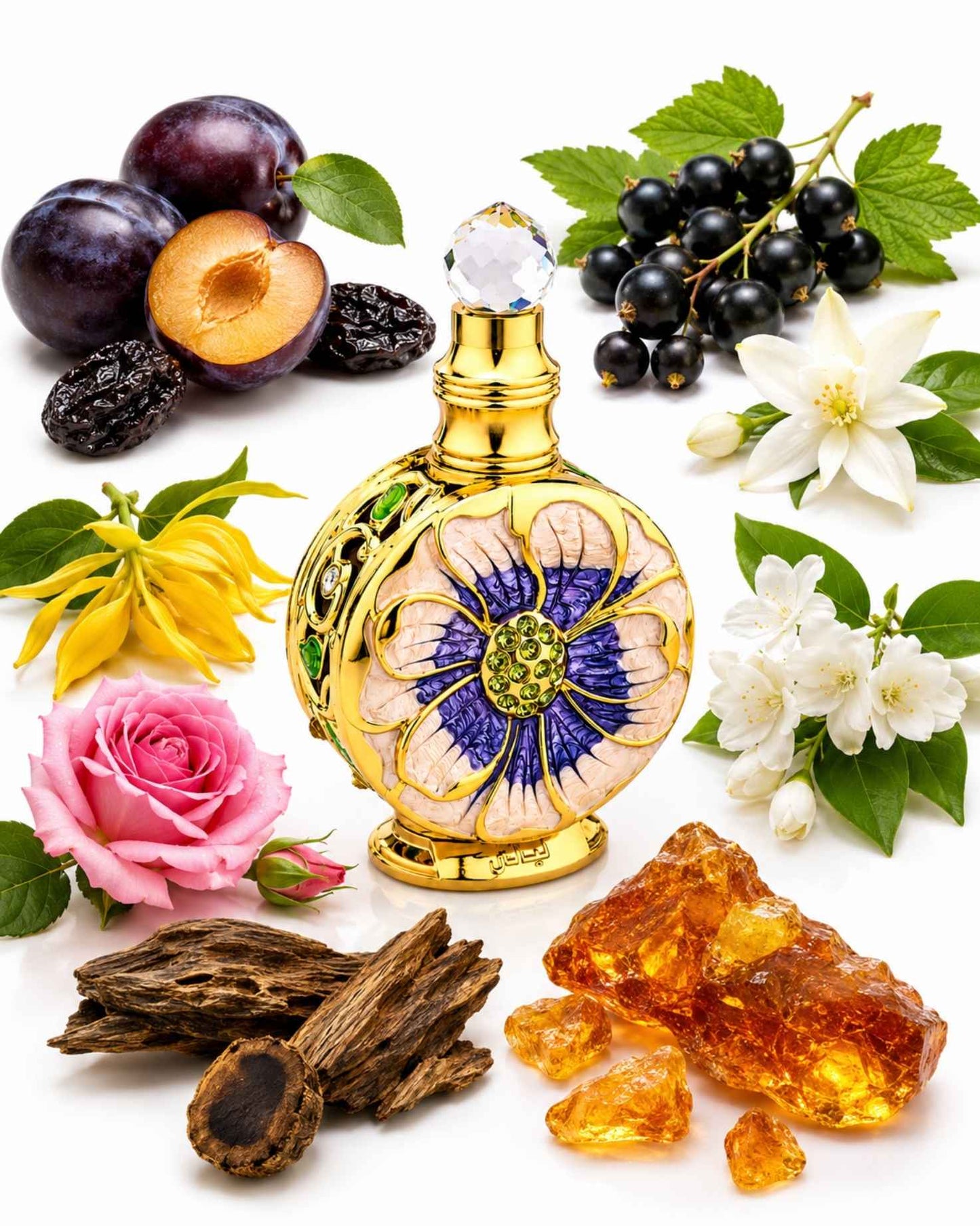Swiss Arabian Layali Eau de parfum bottle surrounded by fragrance notes of black currant, plum, rose, ylang-ylang, jasmine, agarwood, and amber resin.