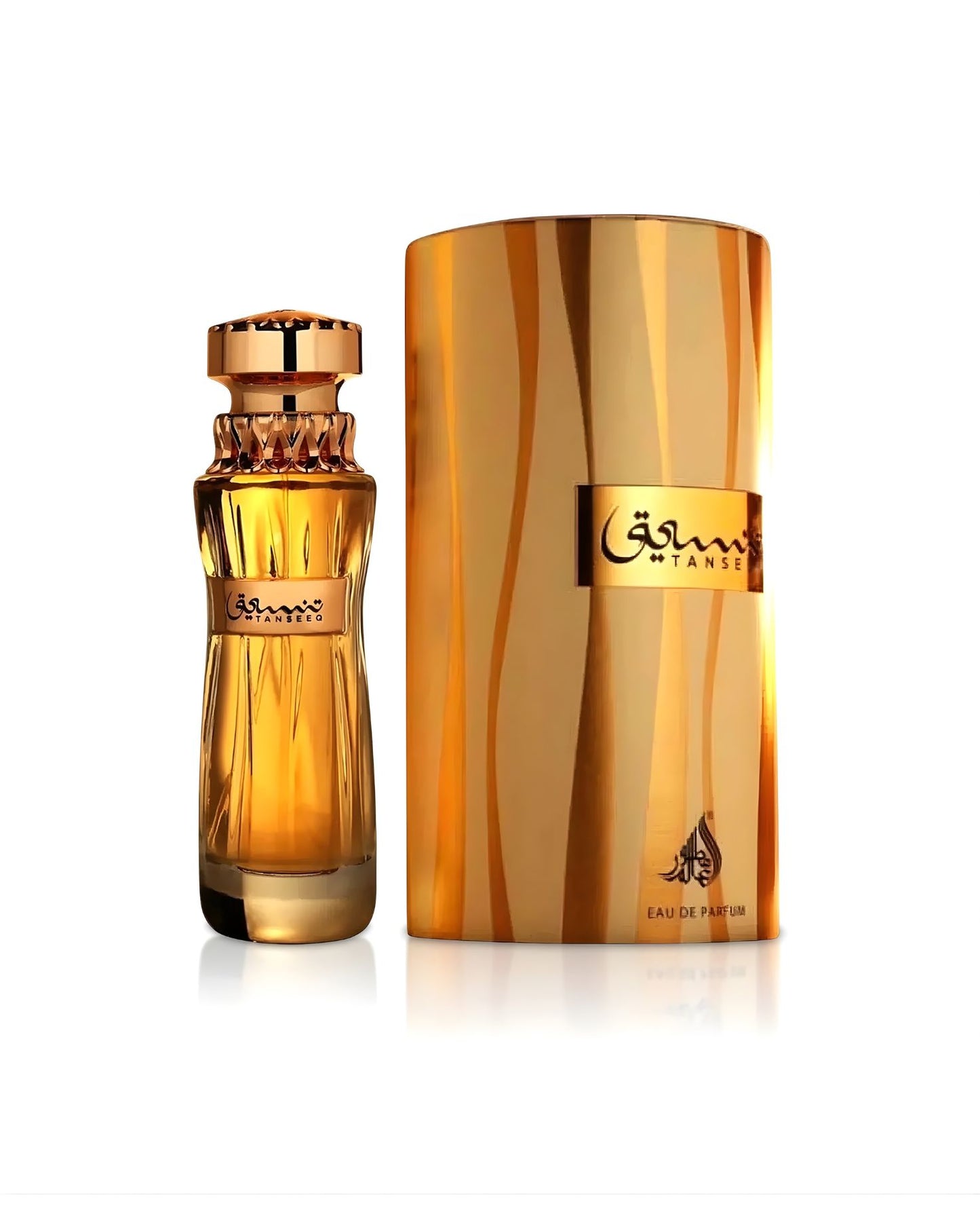 A luxury Tanseeq Edp bottle and gold decorative packaging set against a white background.