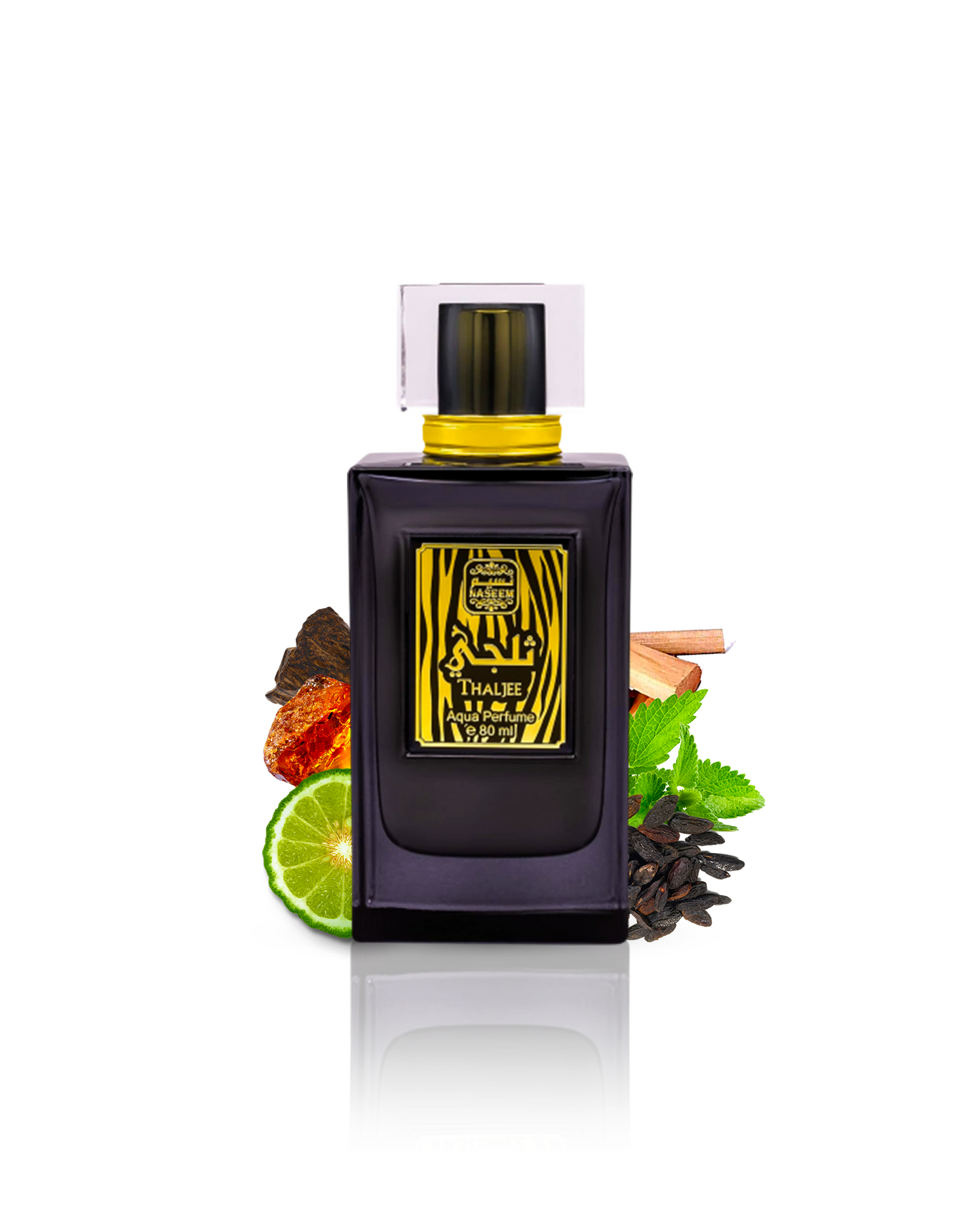 thaljee perfume bottle elegantly surrounded by premium ingredients like amber, oud, and tonka bean.