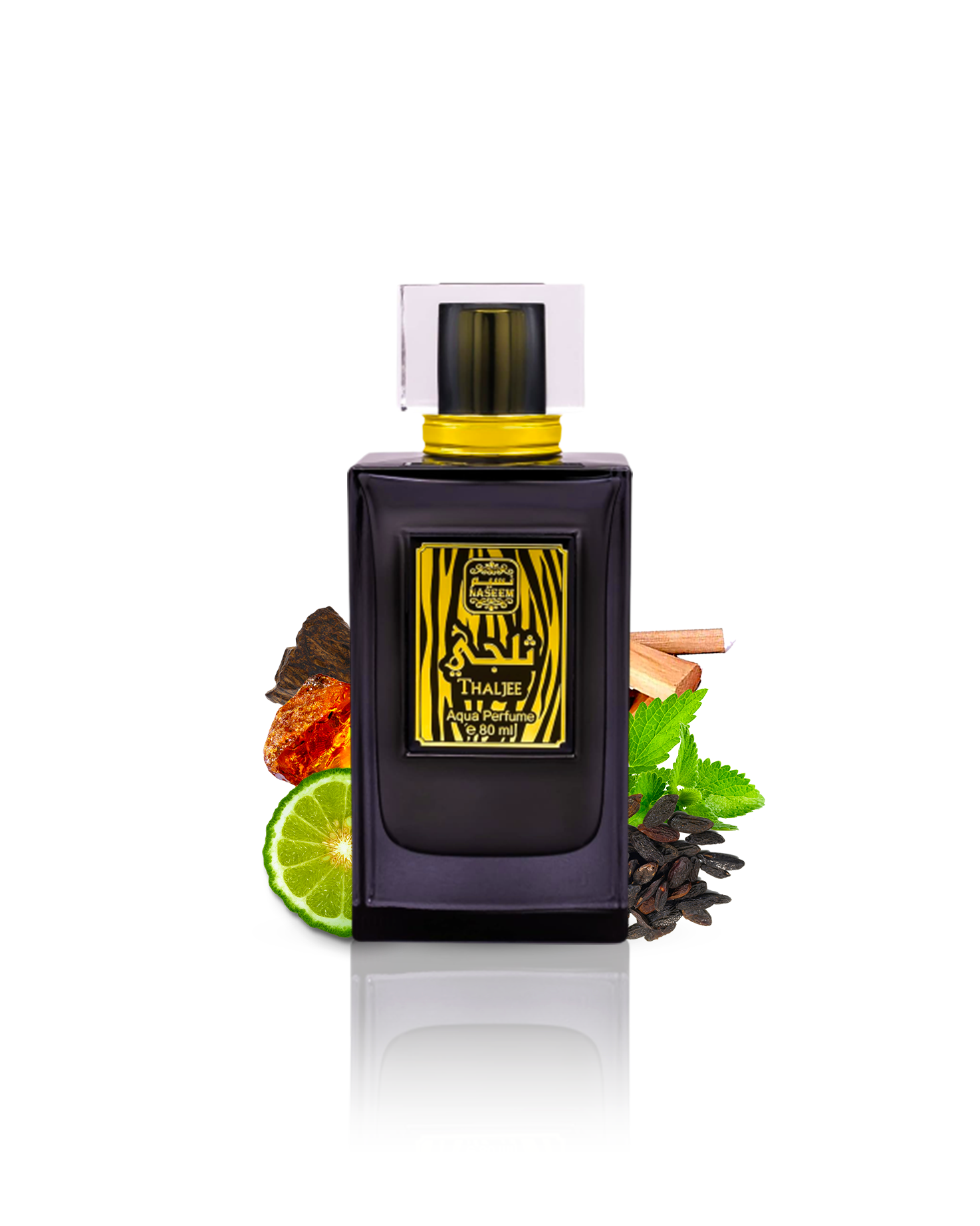 thaljee perfume bottle elegantly surrounded by premium ingredients like amber, oud, and tonka bean.