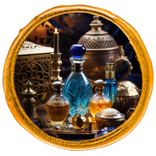 Ancient Arabic-style oriental attar bottles displayed elegantly.