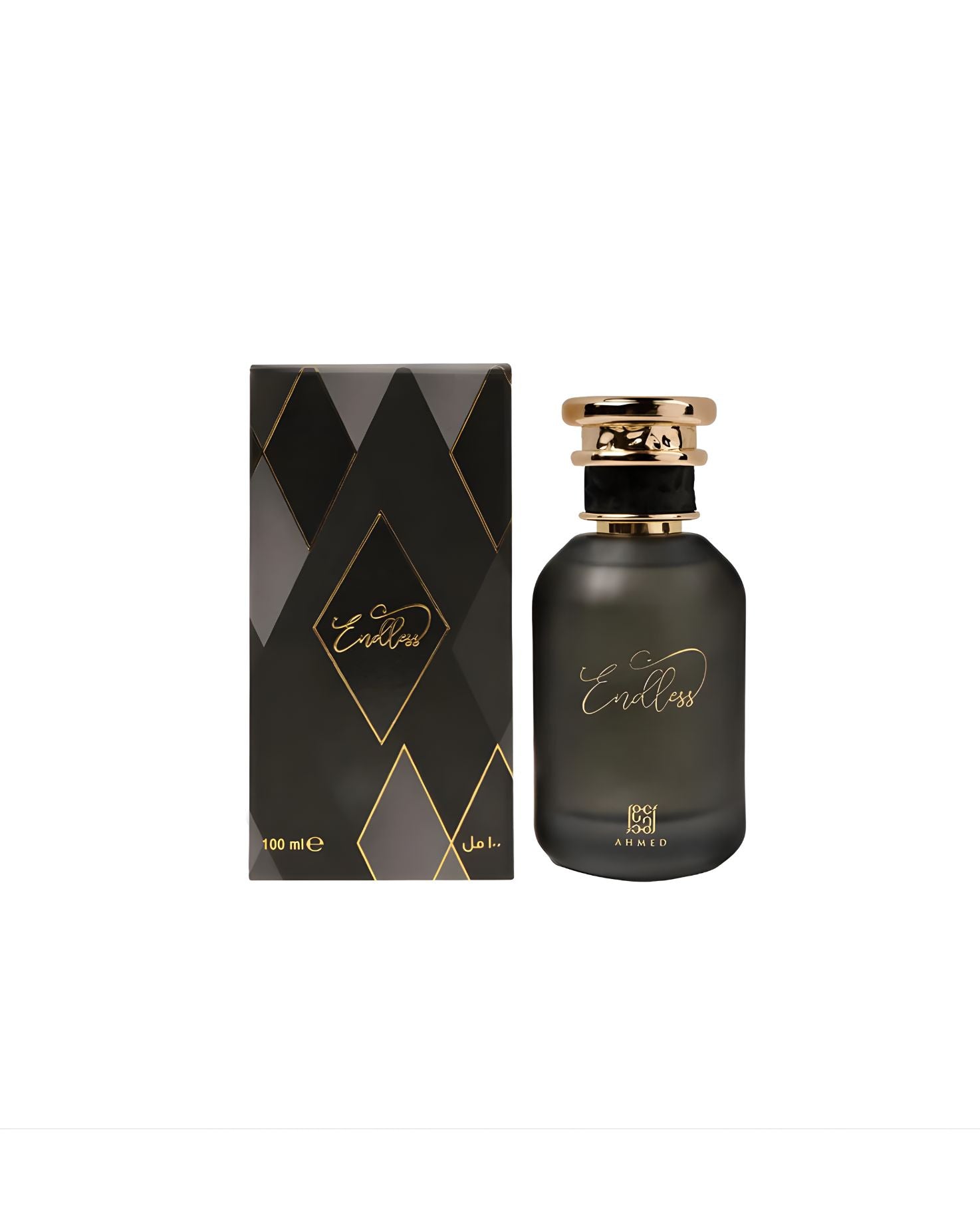 The complete product set for AHMED "Endless" Eau de Parfum, 100ml. The dark, rounded bottle with a gold-colored cap is displayed next to its matching black box, which features a diamond pattern in black, gray, and gold, and the word "Endless" in gold script.