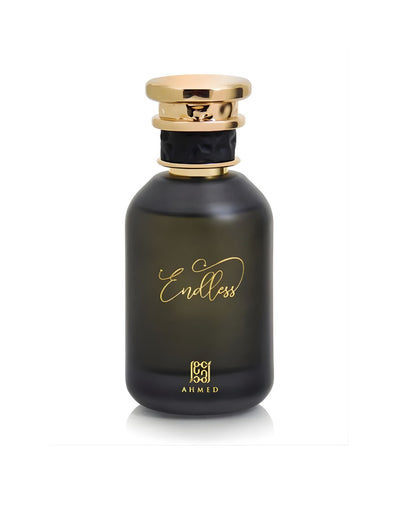 A dark, rounded perfume bottle from AHMED, labeled with the word "Endless" in gold script. The bottle has a gold-colored cap with a black band detail around the neck, set against a white background.