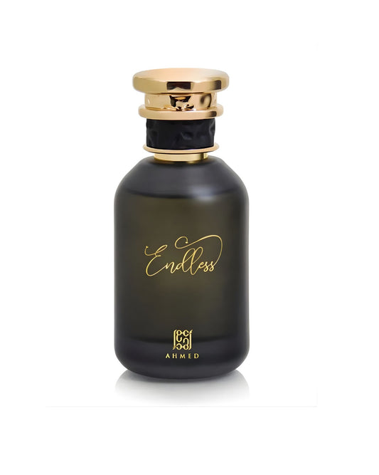 A dark, rounded perfume bottle from AHMED, labeled with the word "Endless" in gold script. The bottle has a gold-colored cap with a black band detail around the neck, set against a white background.