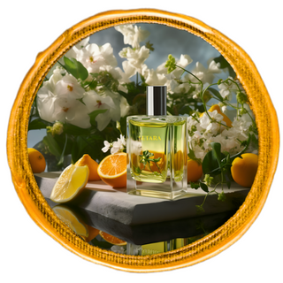 A perfume bottle over a solide rock over water with flowers and oranges.