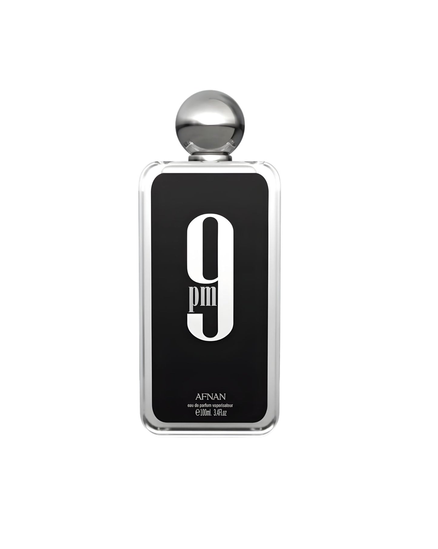 A rectangular glass bottle of Afnan 9 PM Eau de Parfum, 100ml / 3.4 fl.oz., featuring a black label with a large white "9 PM" graphic and a silver spherical cap, set against a white background.