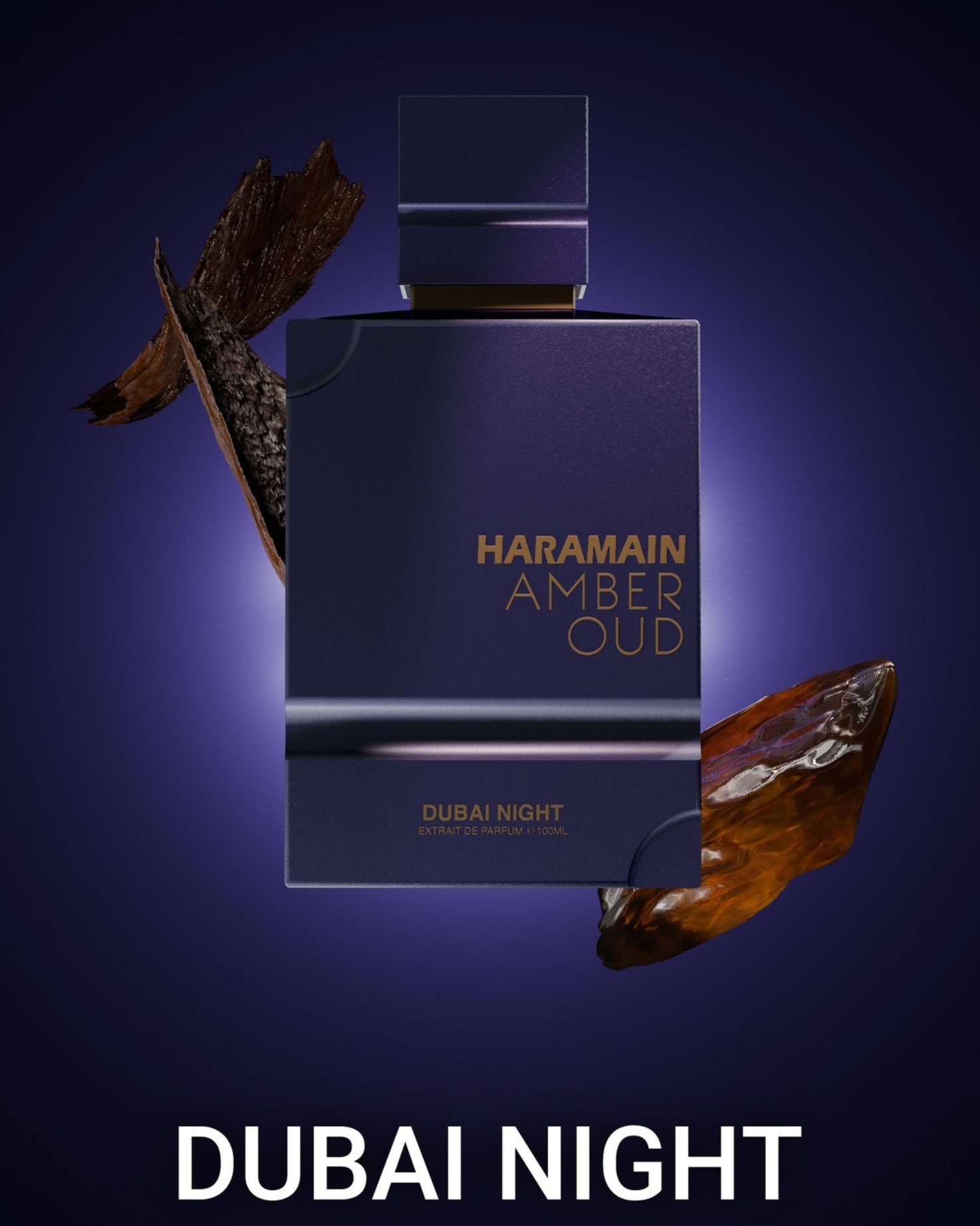 The deep purple Al Haramain Amber Oud Dubai Night EXdp perfume bottle with gold text is dramatically displayed on a vibrant purple background. The bottle is flanked by large, stylized pieces of dark, textured wood or oud and a glossy piece of amber, emphasizing the fragrance notes. The title 'DUBAI NIGHT' is prominently centered at the bottom.